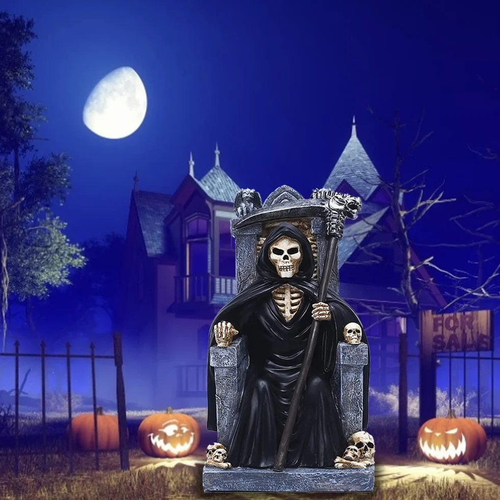 Jorzer Statua della morte di Halloween Morte Statua Tristo Mietitore Resina Scheletro Decorazione Desktop