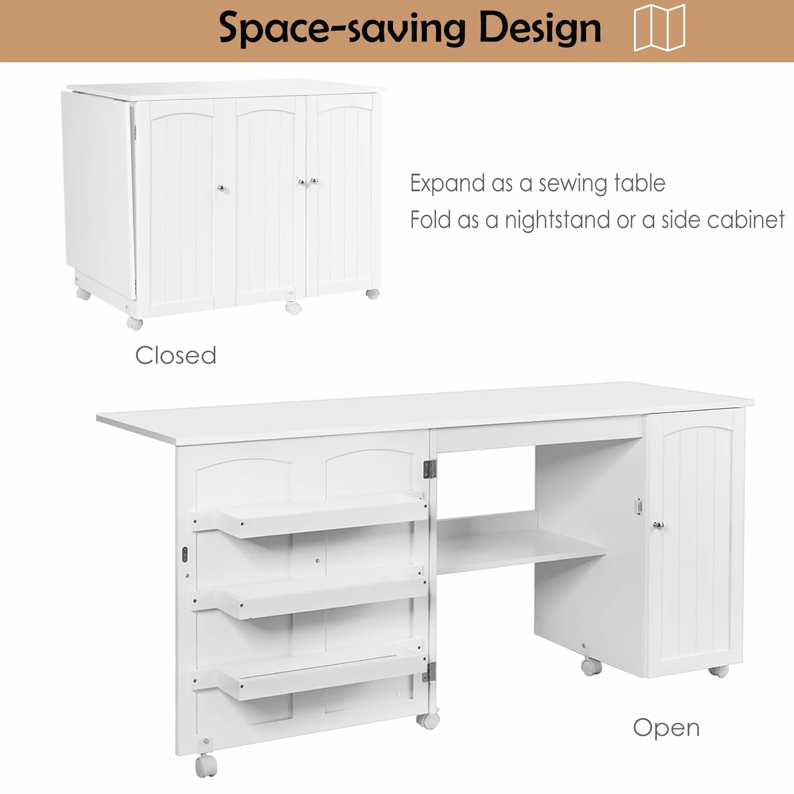 LIFEZEAL 3 in 1 Armadietto per Cucito, Tavolo per Macchina da Cucire, Salvaspazio, Pieghevole, Mobile, Tavolo da Stiro, Credenza, 6 Ruote, 3 Mensole e 1 Ripiano, Ampio Piano, 158,5x50x74cm (bianco)
