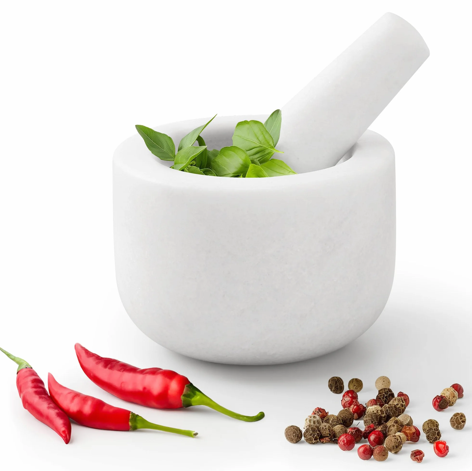 Navaris Mortaio con Pestello Marmo Bianco - Macina Spezie Manuale - Set Preparazione per Pesto e Salse - Utensili da Cucina - Ciotola Ø 8,5cm - Piedini Antiscivolo - Home Decor