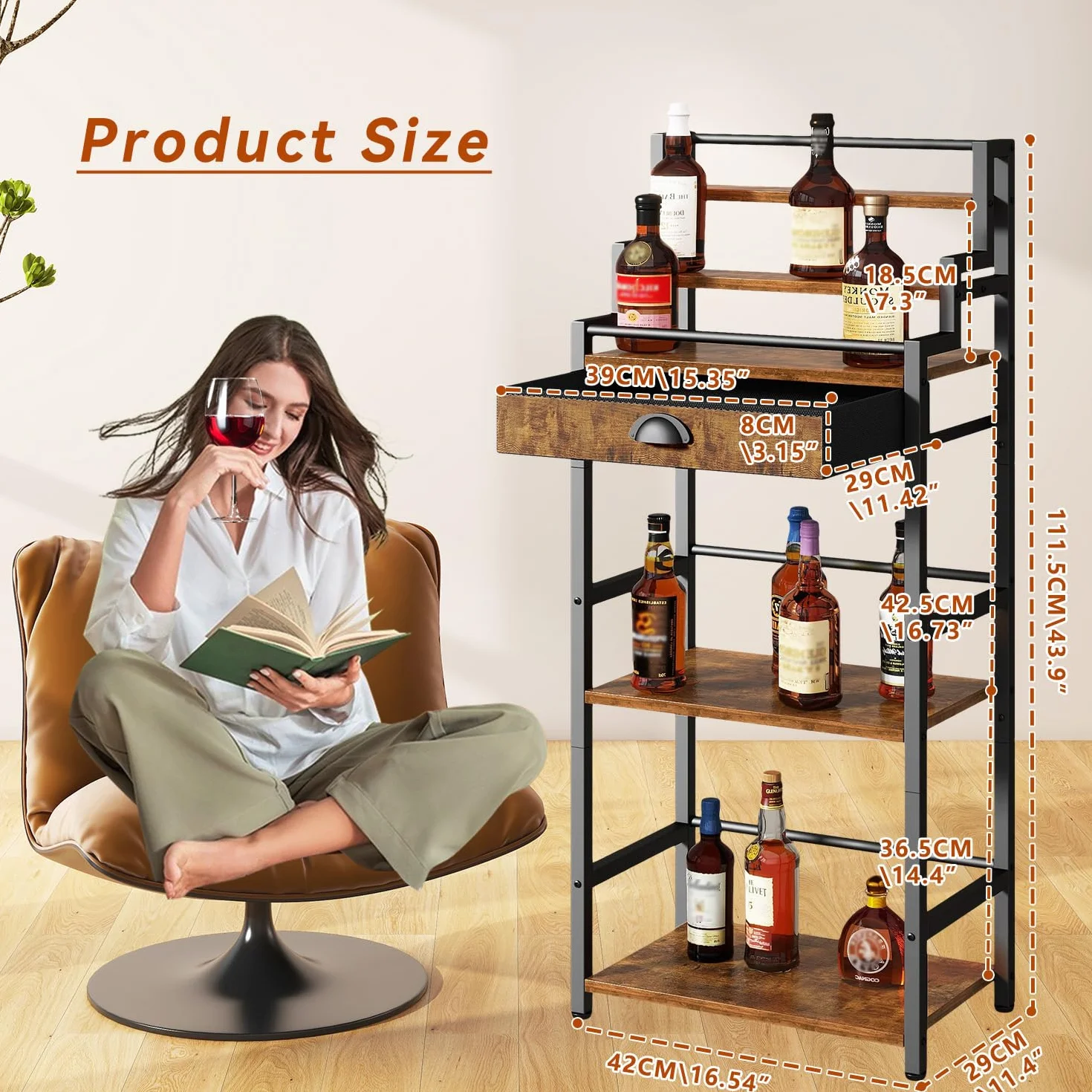 IBUYKE Portabottiglie Vino Gradini da Terra,Mobile Vino con Cassetto per Whisky,Espositore per Bottiglie di Liquori per Bar, Soggiorno, Sala da Pranzo,Marrone TMJ915H