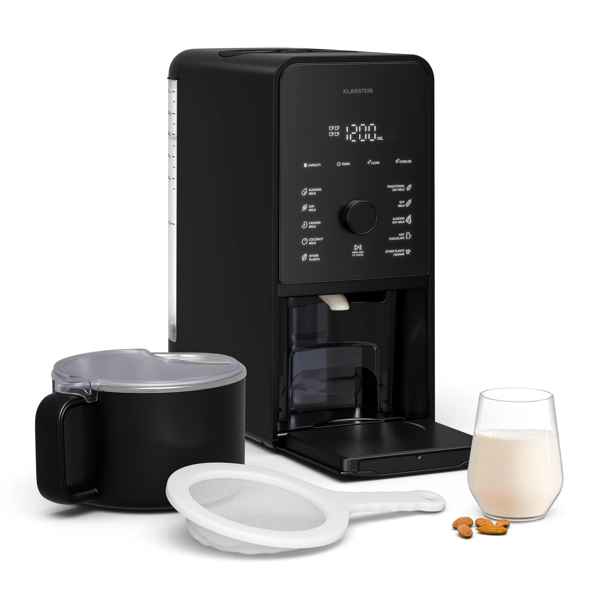 Klarstein Marcia Touch Macchina per il Latte Vegetale, 1200W, 12 Programmi, Autopulente, Display LCD, Brocca 1.2L Acciaio, per Latte di Mandorle, Avena & Noci