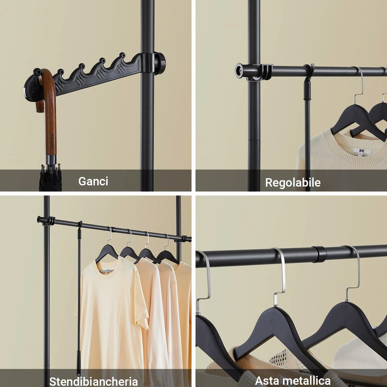 SoBuy Appendiabiti Telescopico, Stand Appendiabiti Robusto, Guardaroba Aperto Regolabile con Barre Appendiabiti per Camera da Letto, Cabina Armadio, Nero FRG109-II-SCH