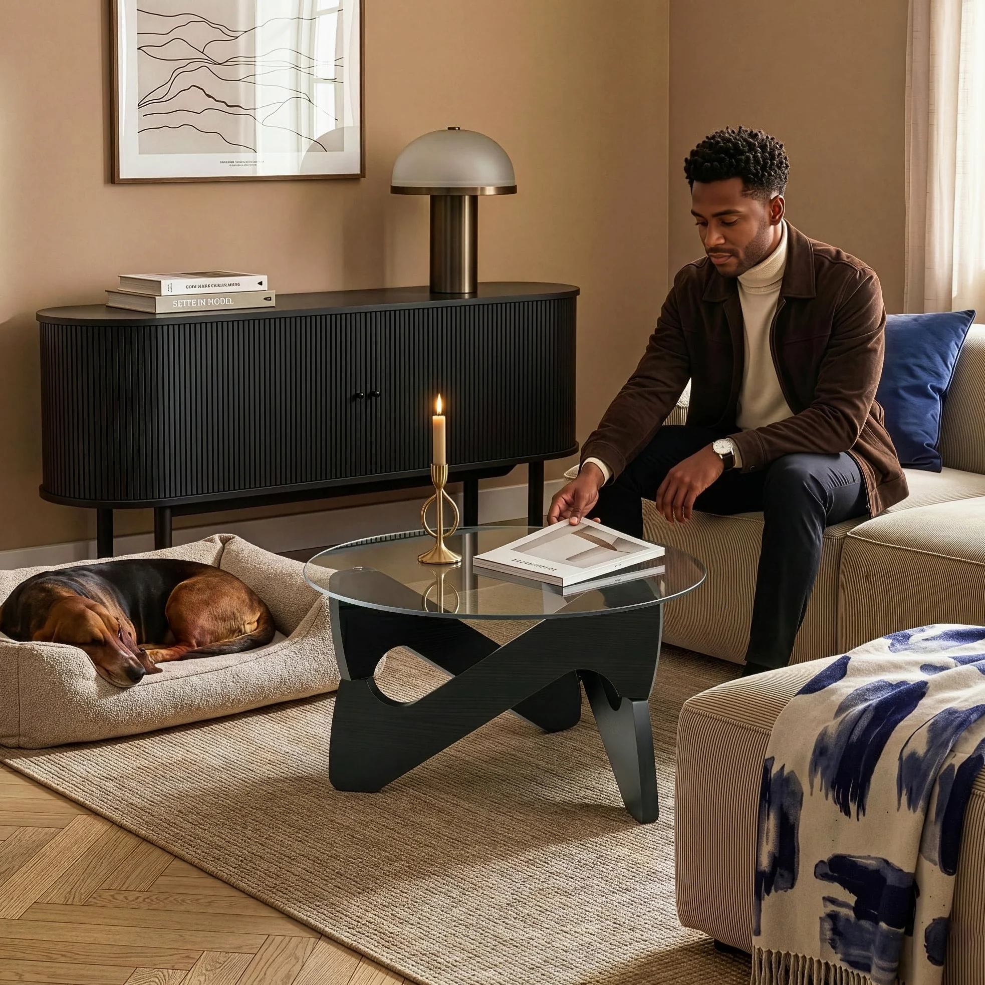 [en.casa] Tavolino da Caffè con Piano in Vetro Fumé 70x35 cm Nero/Grigio | Tavolo Basso Centrale per Salotto Soggiorno Living Piano Rotondo Circolare in Vetro Temperato Struttura Geometrica