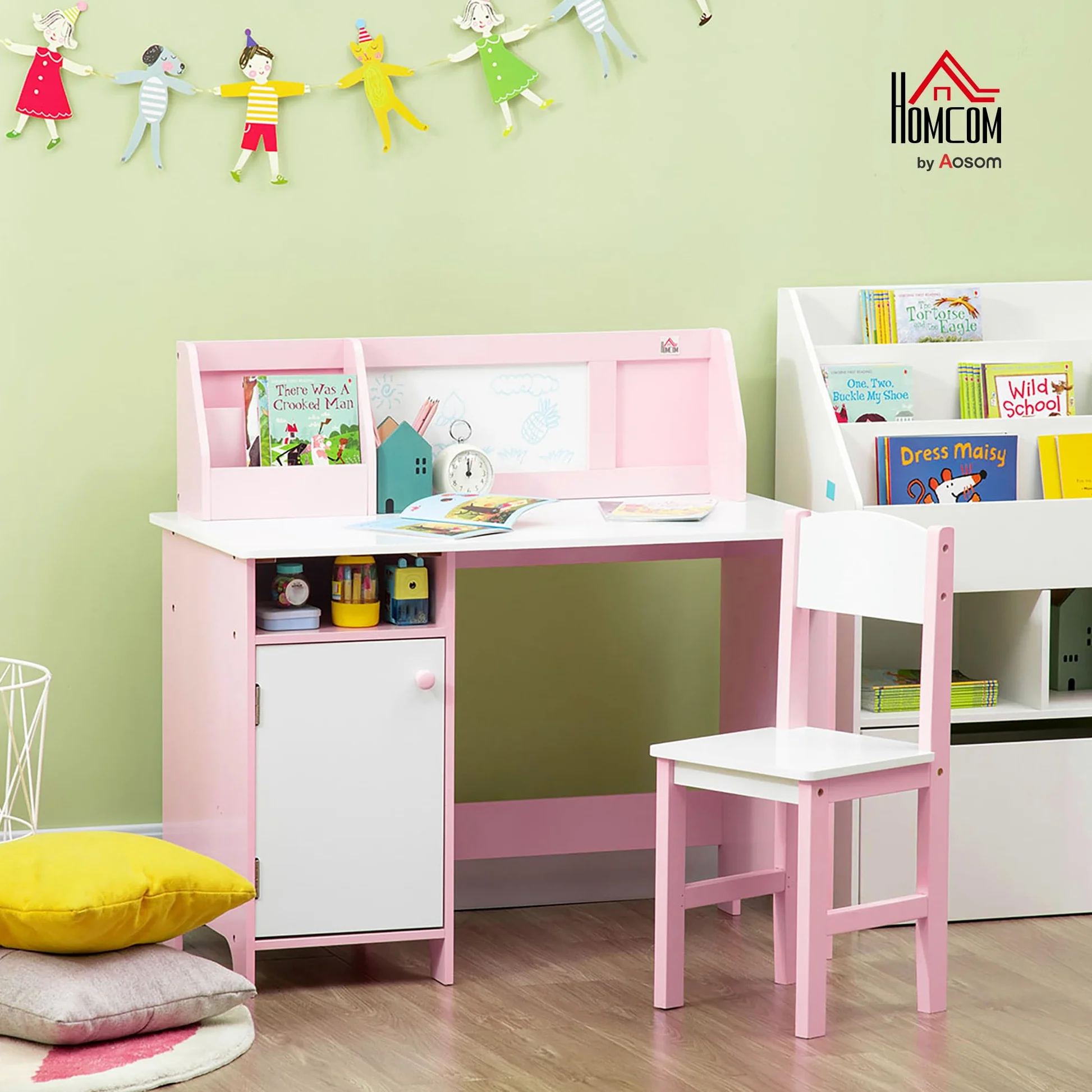 HOMCOM Set Tavolo e Sedie per Bambini 5-8 Anni in Legno con Banco Scuola, Set di Mobili per Bambini con Spazio Portaoggetti e Lavagna Bianca e Sedia, Bianco e Rosa