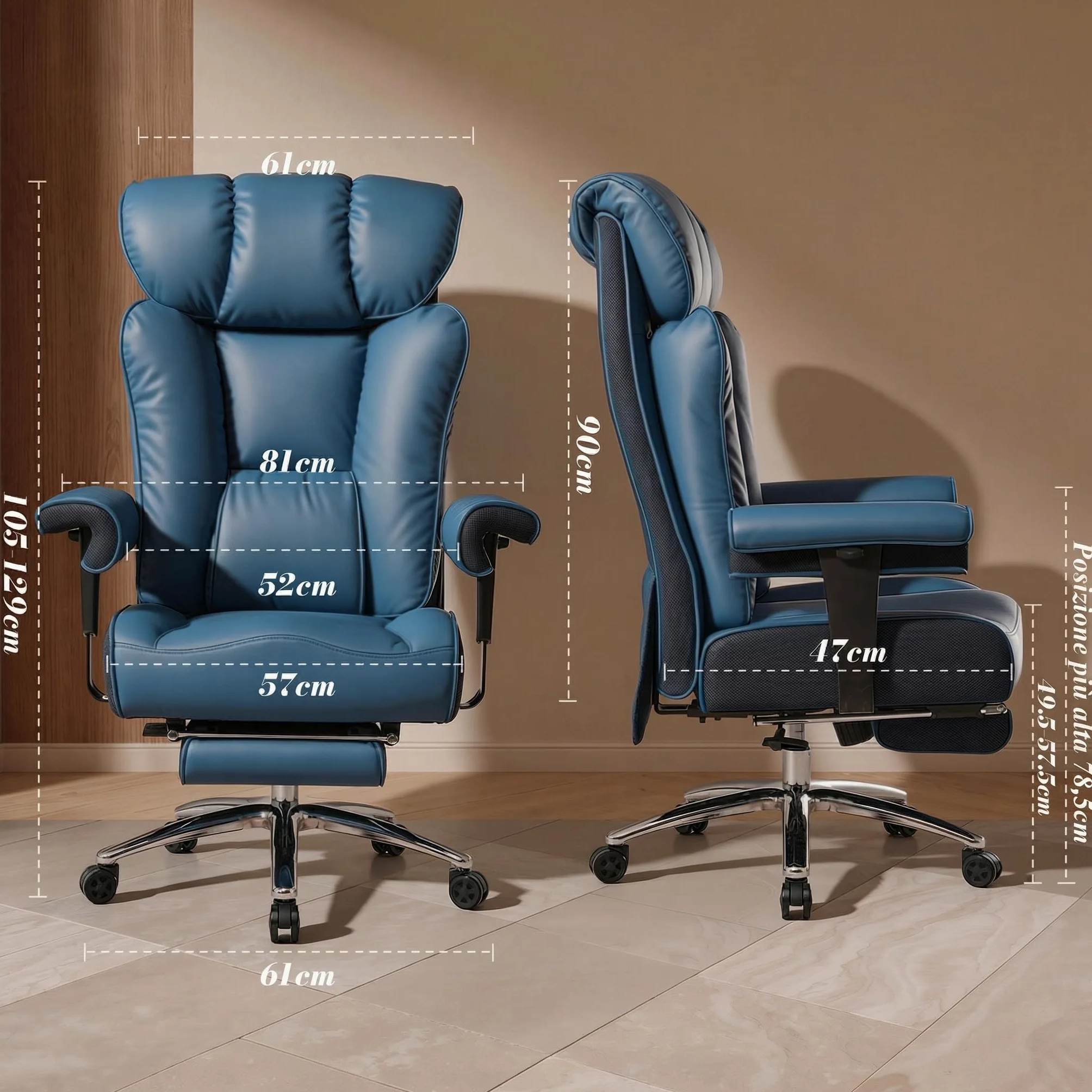 Efomao Sedia da Ufficio Ergonomica, Poltrona Direzionale in Ecopelle PU con Poggiapiedi Estraibile, Sedia da Scrivania Reclinabile con Imbottitura Spessa, Supporto Lombare, Portata 200kg (blu)