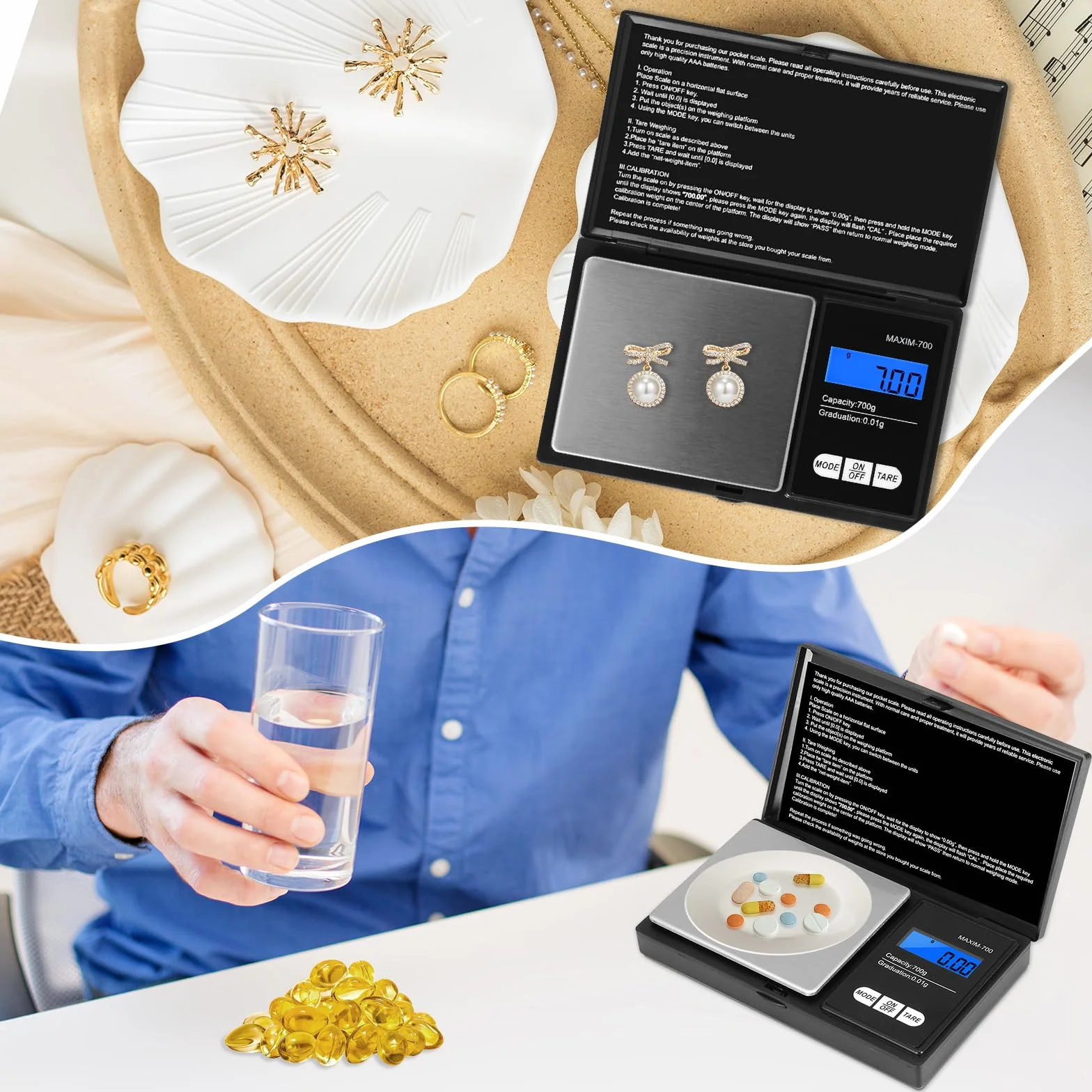 Bilancia di Precisione Oderra 700g/0,01g LCD Retroilluminato Portatile per Gioielli Oro Caffè