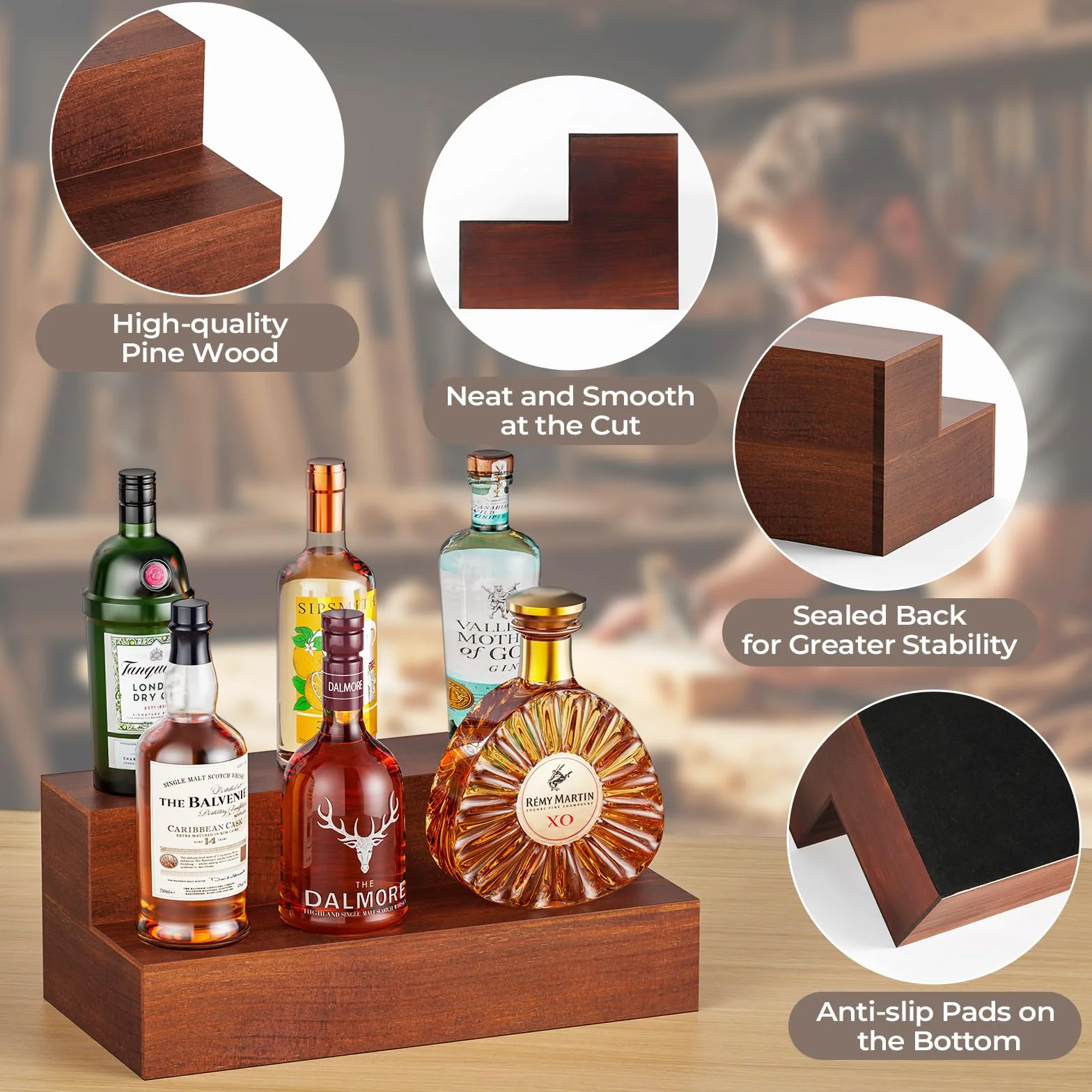B4Life Espositore per bottiglie di alcol, in vero legno per liquori, liquori, scaffalatura per il bar di casa, scaffale per liquori, scaffalature per liquori, dispenser per bottiglie (marrone)