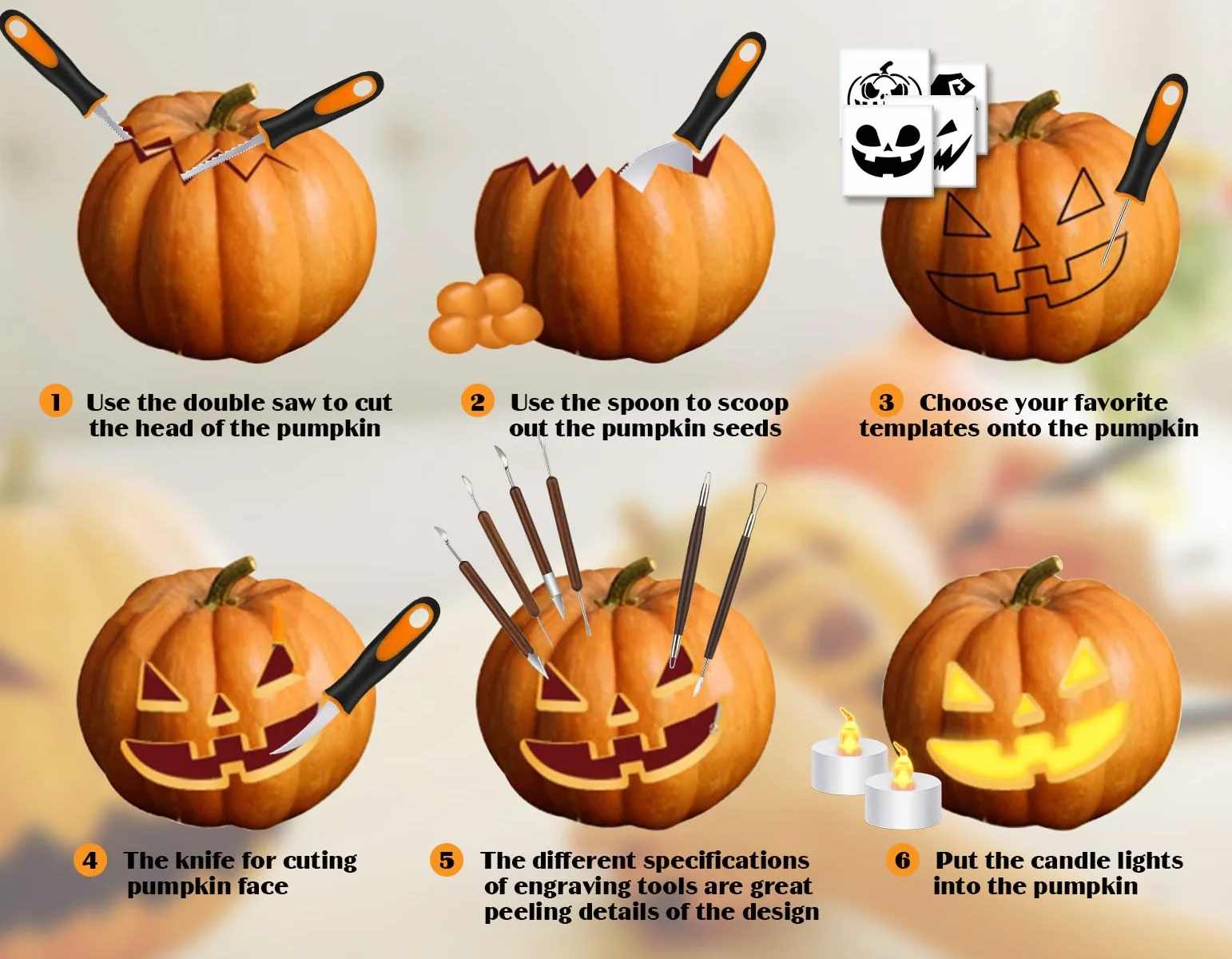 Kit per intagliare la zucca 28 pezzi acciaio inox stencil Halloween
