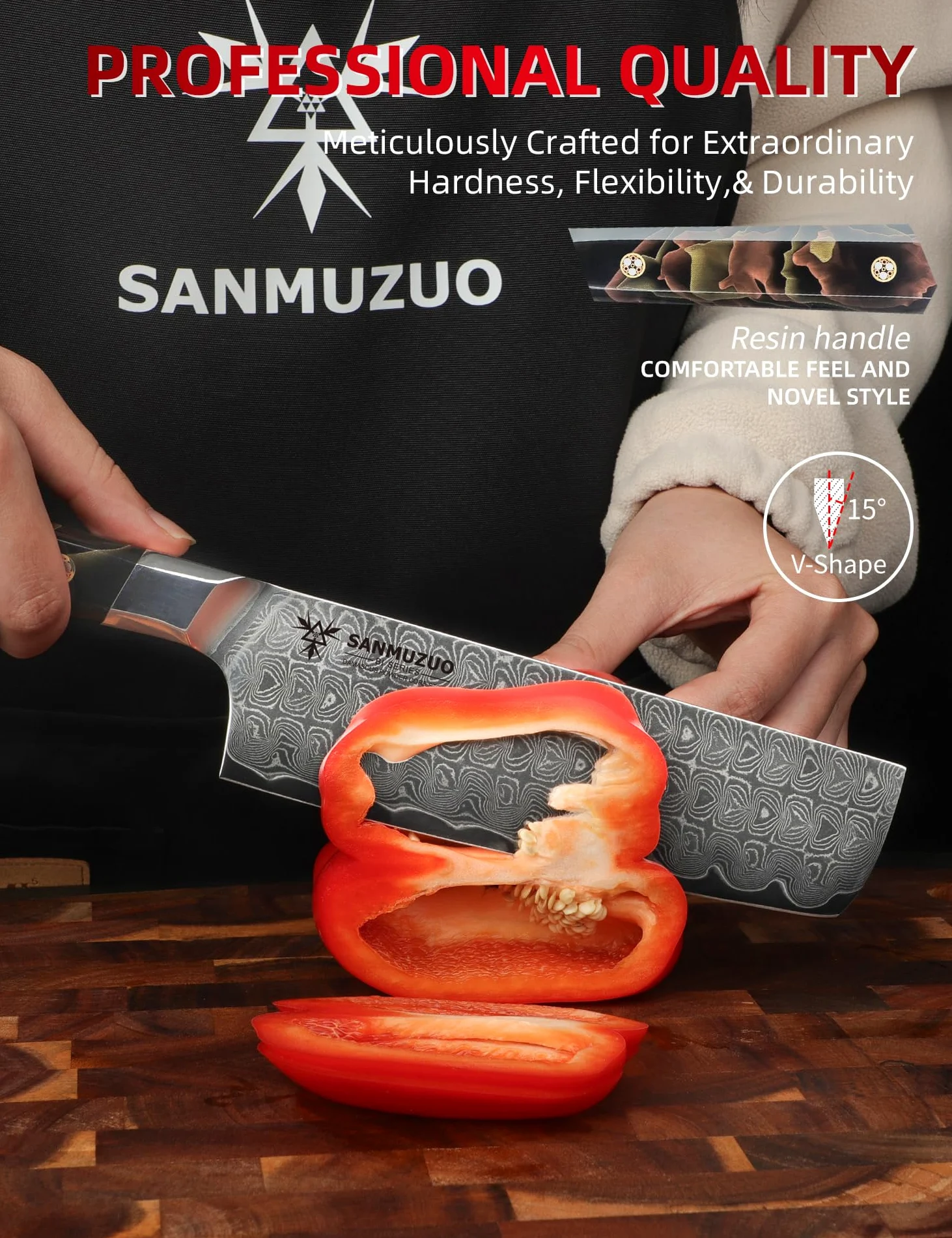 Coltello da cucina Nakiri da 18 CM, coltello da cucina professionale, acciaio in polvere di Damasco ultra affilato con impugnatura in resina a codolo intero, serie Bi