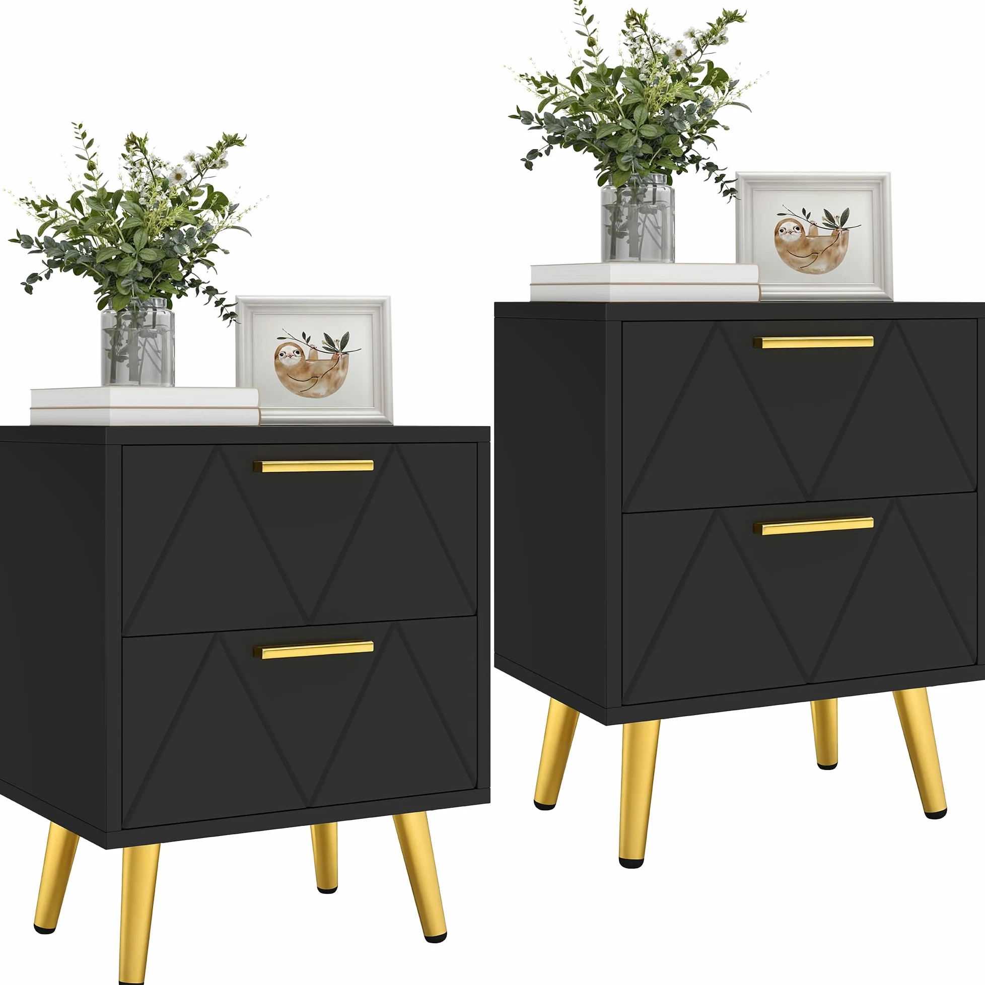 YITAHOME Set di 2 comodini con 2 cassetti, piccolo comodino con contenitore, comodino per soggiorno, camera da letto, ufficio, nero e oro, 40 x 30 x 52 cm, nero e oro