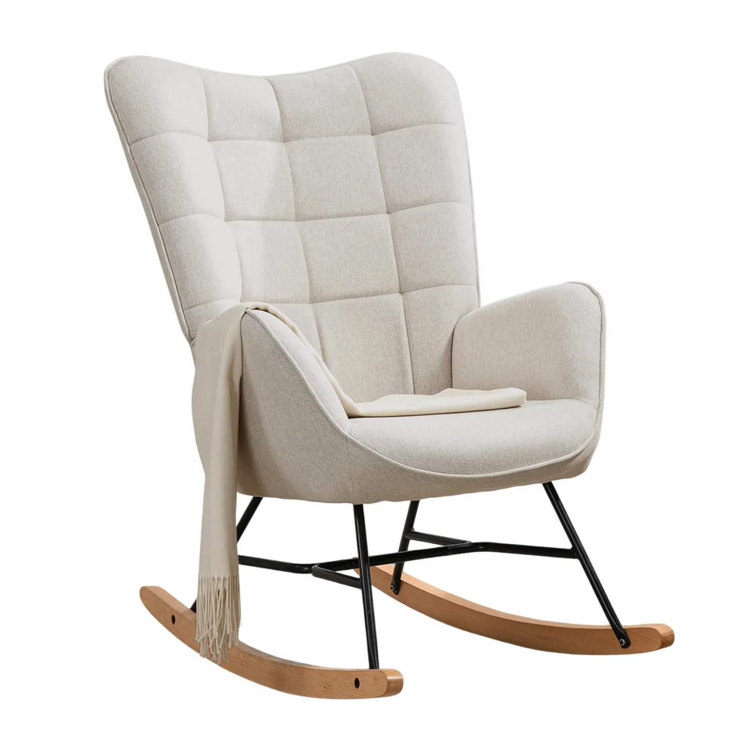 MEUBLE COSY Sedia a Dondolo Poltrona Imbottita Relax con Braccioli Schienale Alto per Soggiorno Cameretta in Tessuto con Gambe in Legno