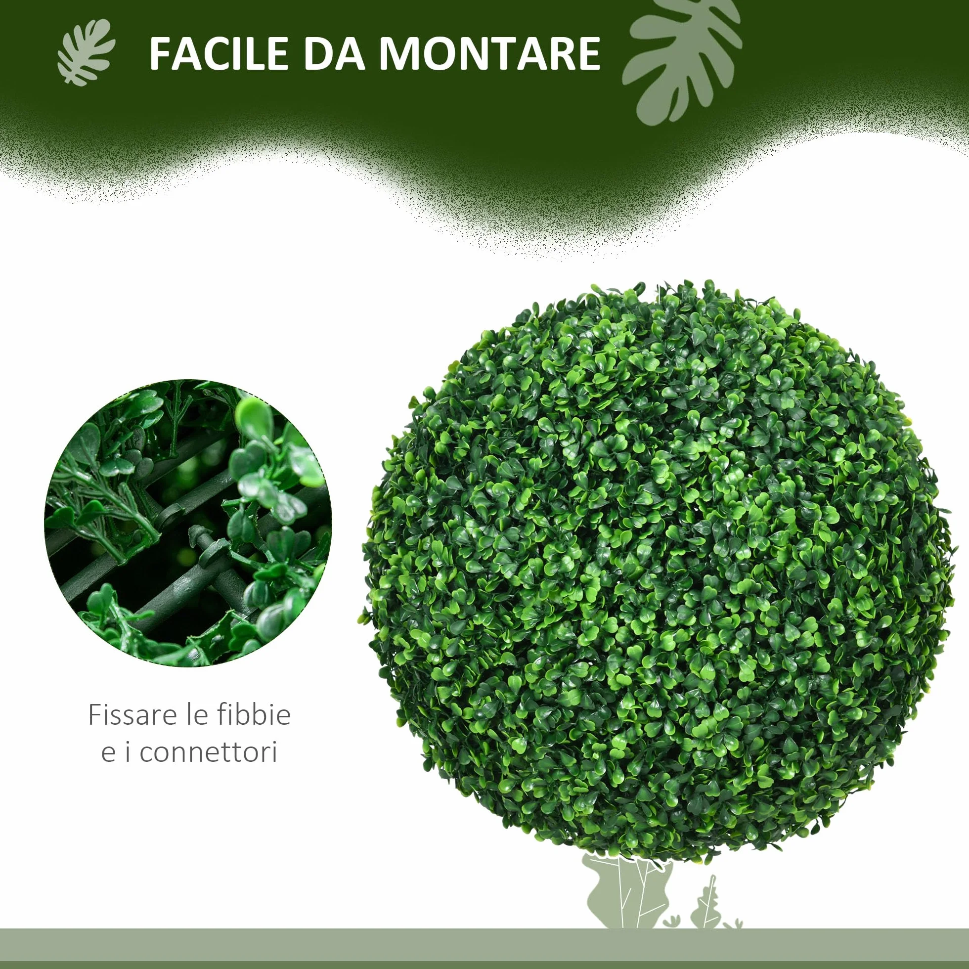HOMCOM Set di 2 Piante Finte Sfera di Bosso Ø40cm, Piante Artificiali Decorative da Interno ed Esterno, Giardino, Ufficio, Soggiorno, Verde