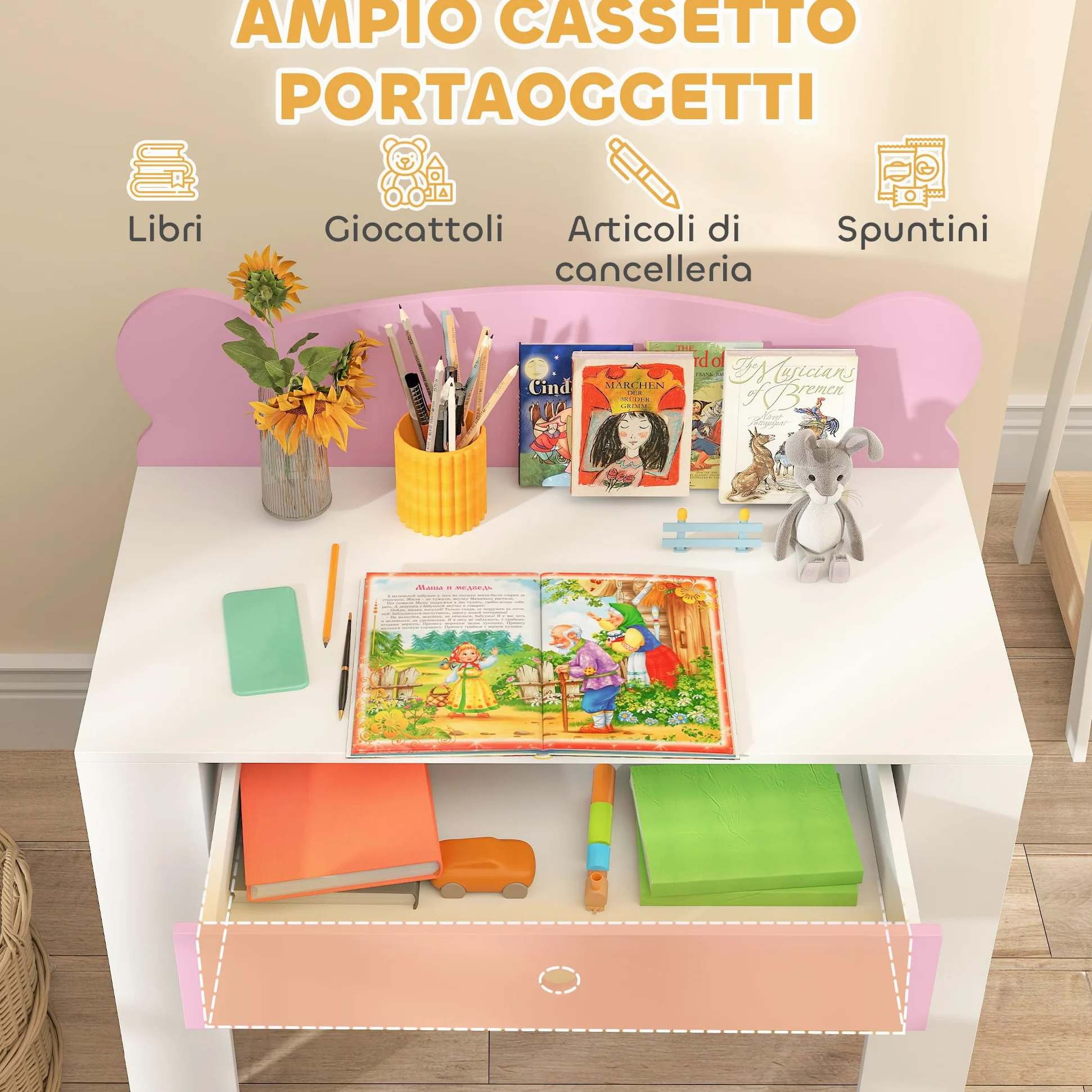 AIYAPLAY Set Scrivania per Bambini con Sedia, Tavolo da Studio con Cassetto, Schienale a Forma di Orsetto, Età 3-8 Anni, Rosa