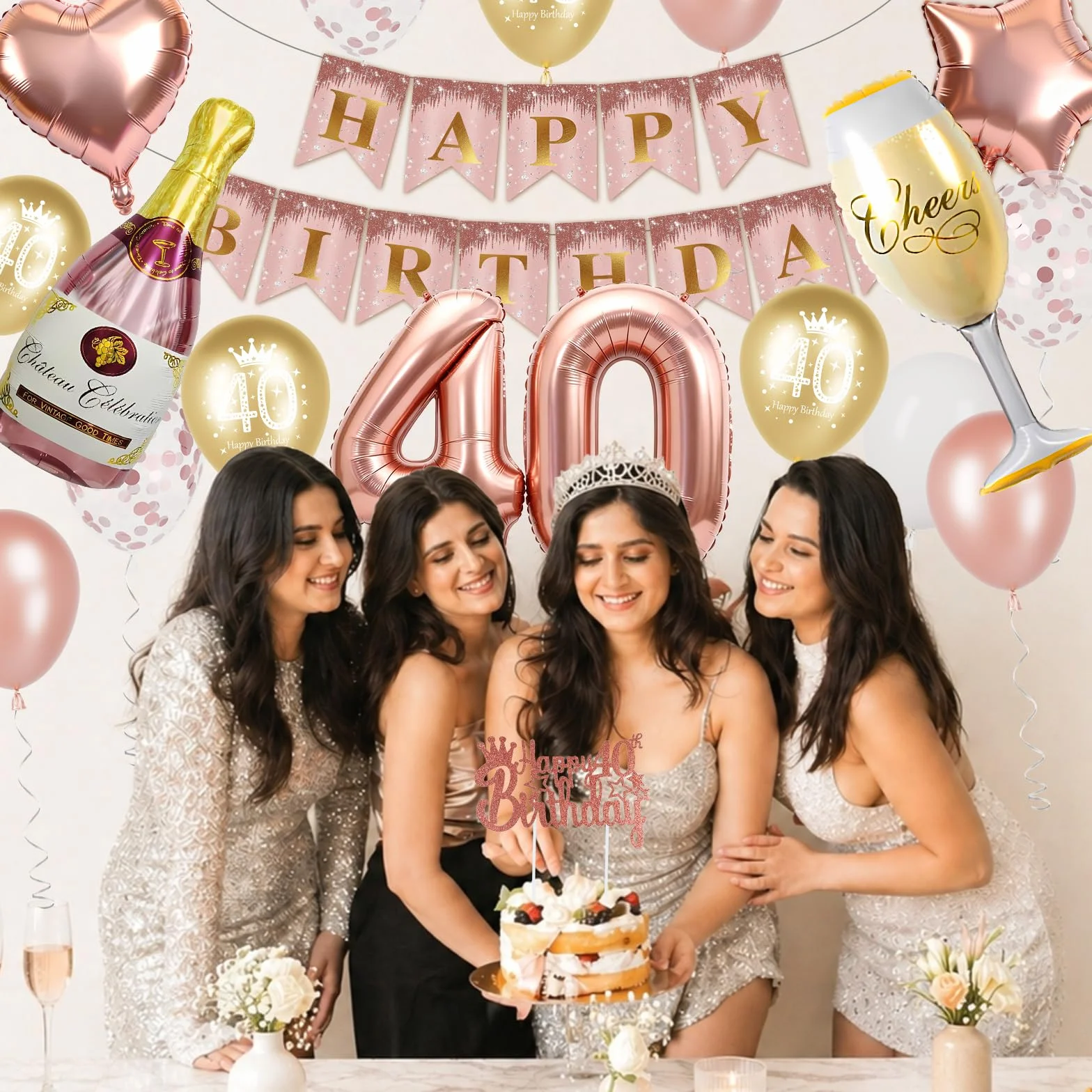Palloncini 40 Anni Compleanno Donna Rose Gold, Decorazioni 40 Anni, Palloncino Numero 40, Bottiglia Champagne, Calice, Cuore e Stella Foil, Banner Happy Birthday, Cake Topper, Accessori Festa