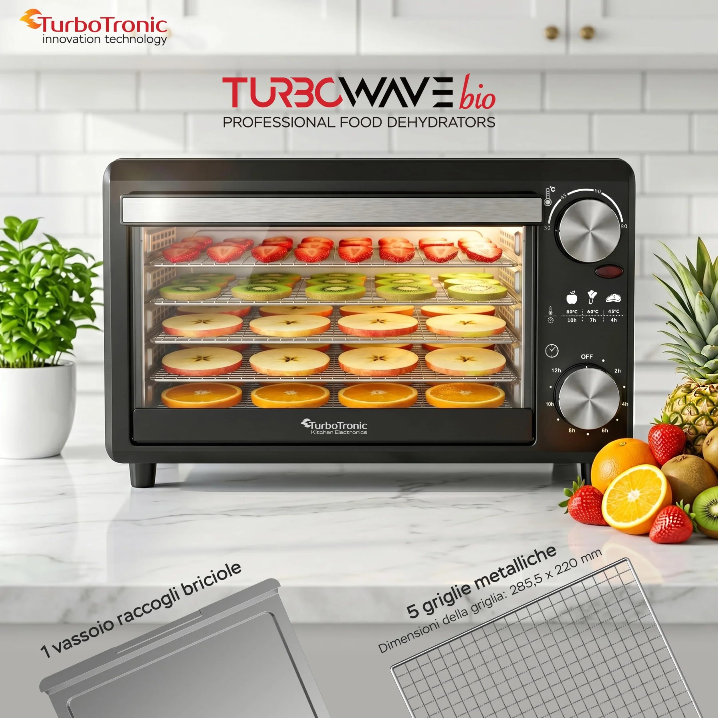 TurboTronic FD14 - Disidratatore Alimentare 14 L con 5 Vassoi - Essiccatore Alimentare a 5 Ripiani per Frutta, Verdura, Funghi, Carne, Pesce ed Erbe - Temperatura e Timer Regolabili (Black)