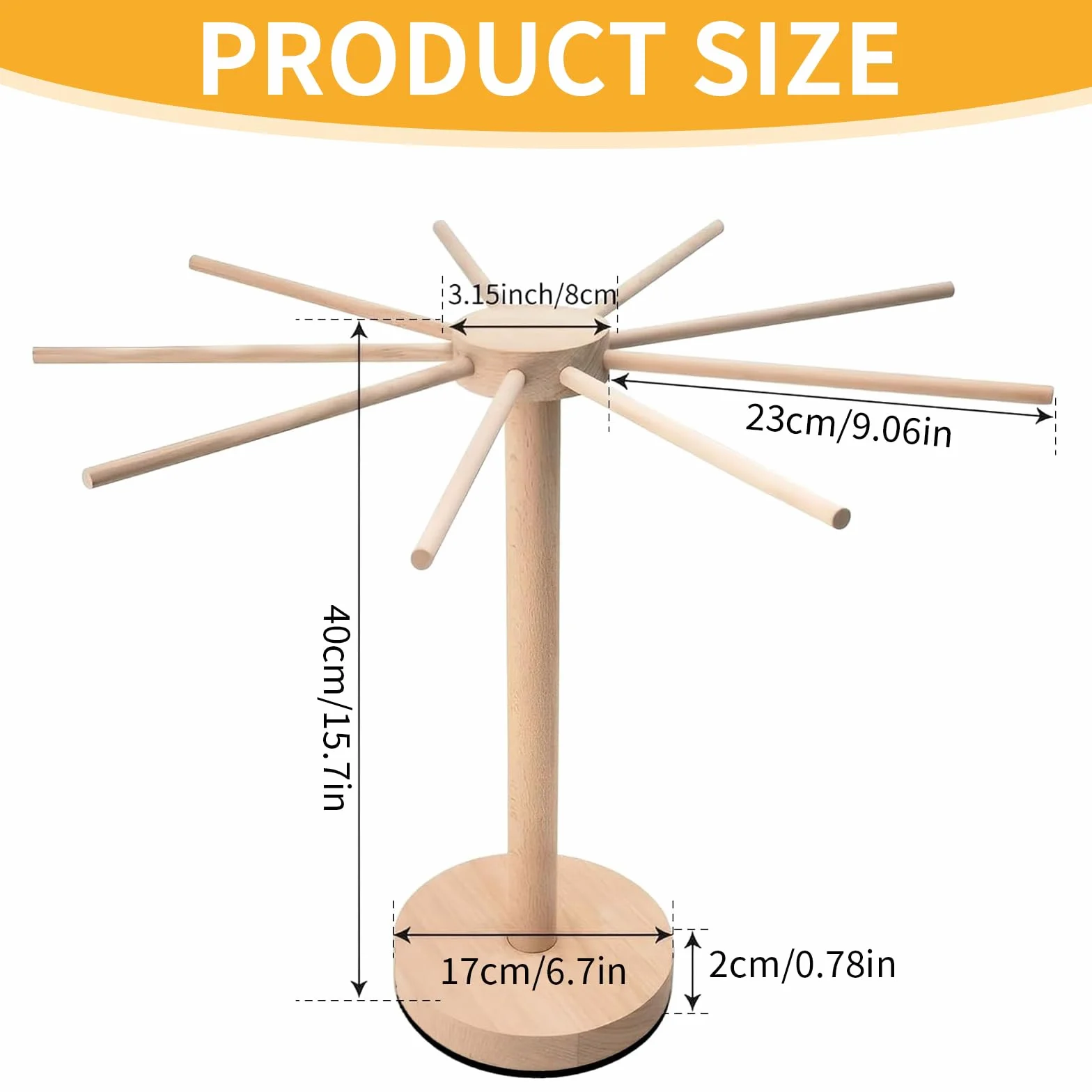 Asciugapasta in Legno con 9 Bracci Rimovibili e Base Girevole, Porta Fino a 4.5kg, Ideale per Pasta Fresca Italiana e Cinese