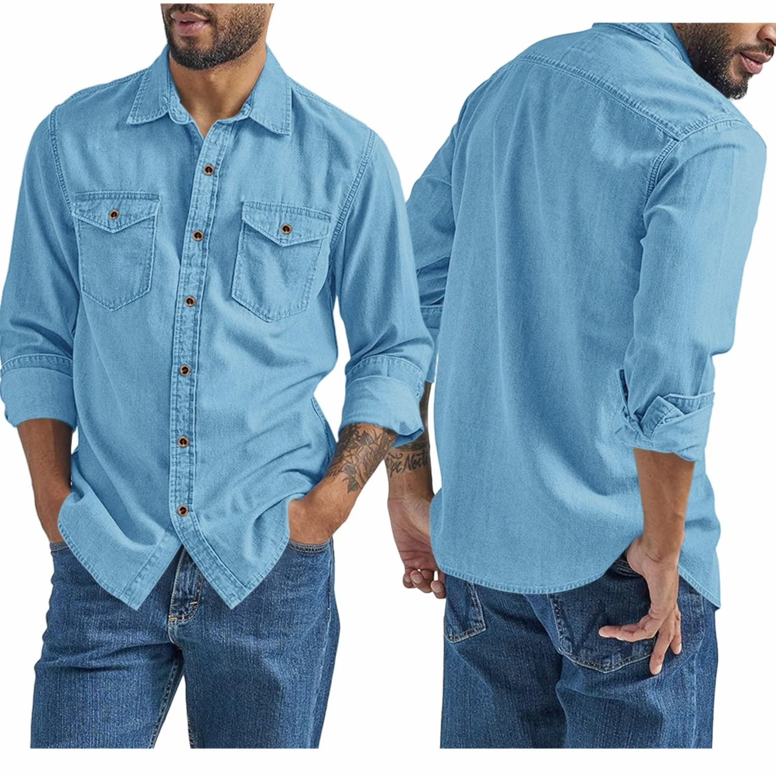 Camicia Jeans Uomo Maniche Lunghe Bottoni Tasche Fit Classico Lavoro Vintage Cowboy Western