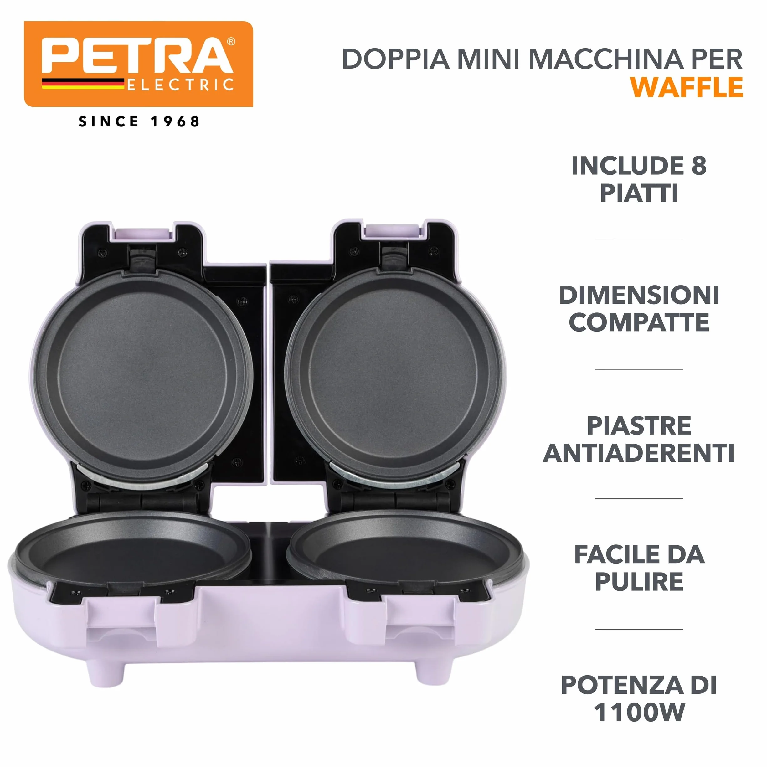 Petra PT5923PPVDE Doppia Mini Macchina per Snack - Piastra per Waffle Belga, Piastre Antiaderenti Rimovibili, Compatta, Facile da Pulire, per Pancake, 1100W