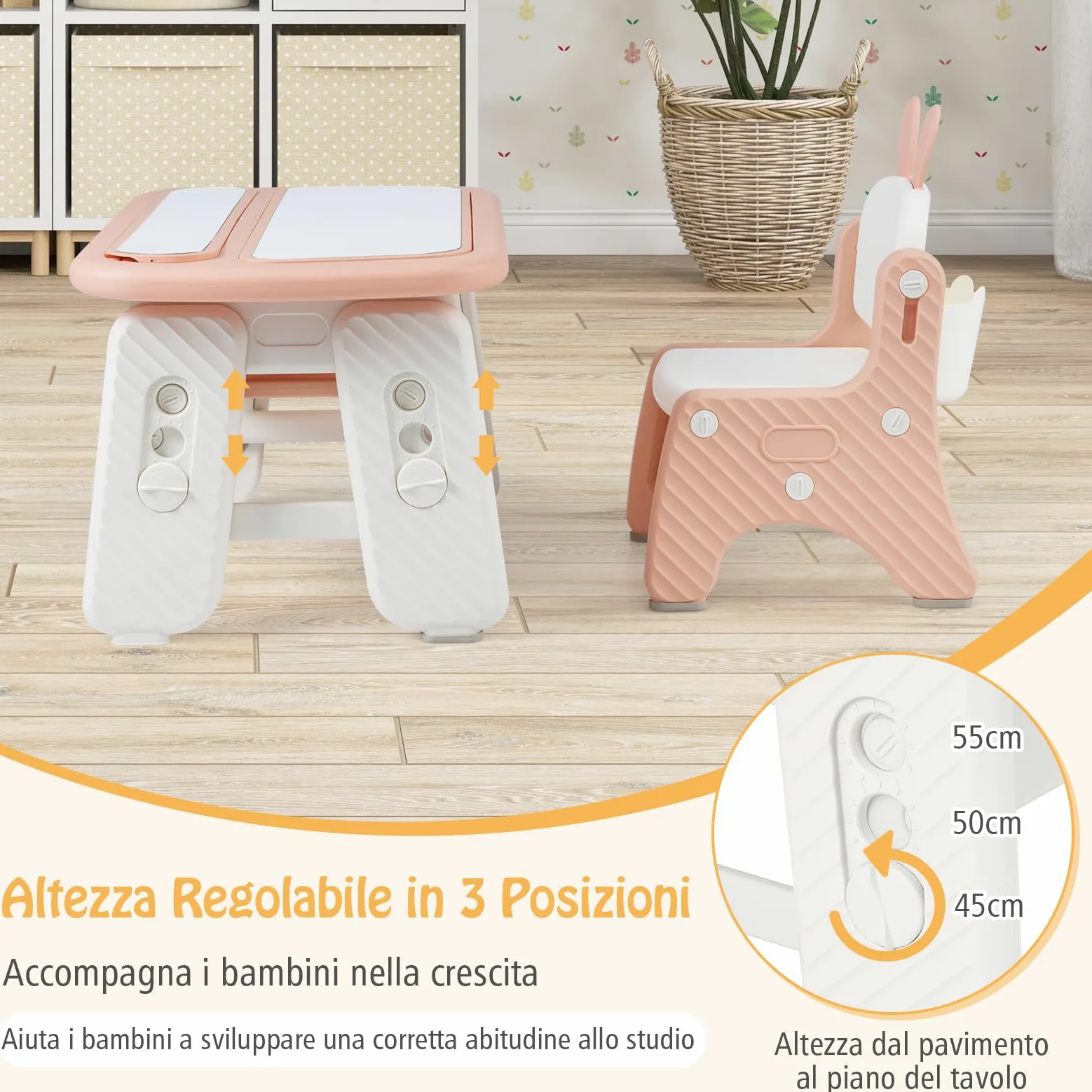 RELAX4LIFE 2 in 1 Set Tavolo e Sedia per Bambini con Lavagna Doppia Faccia Magnetica e Cancellabile, Altezza Regolabile, Cestello Portaoggetti, Tavolino per Bambini 1-12 Anni (Rosa)