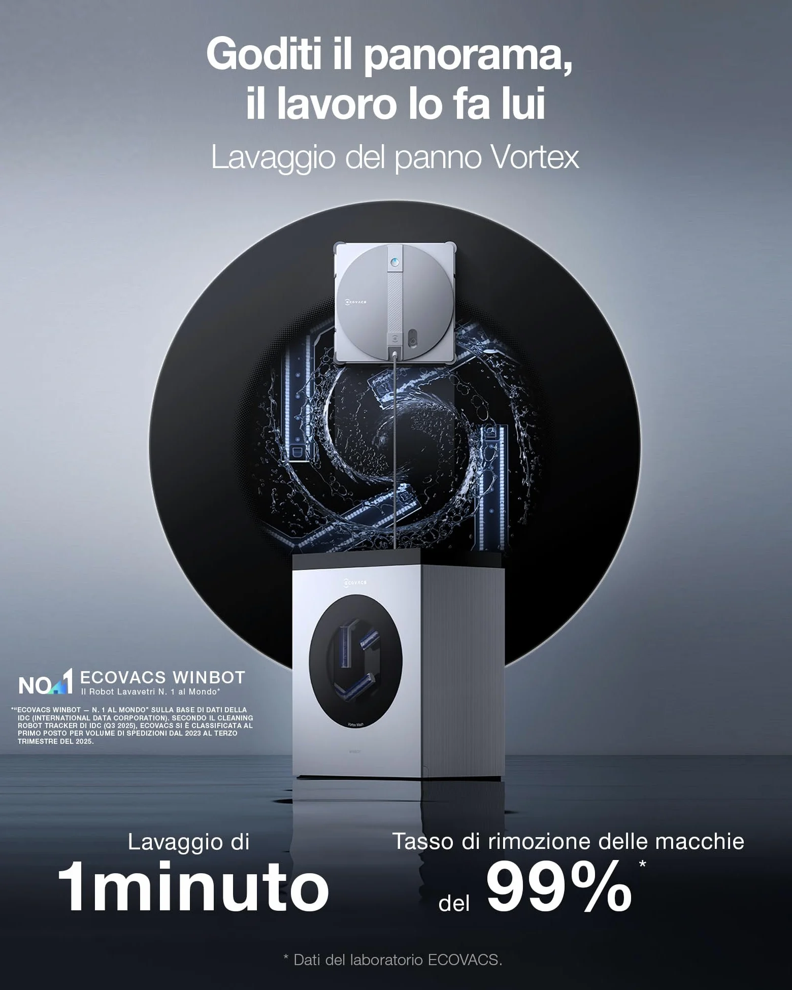 ECOVACS WINBOT W3 OMNI Robot Lavavetri con Stazione Multifunzione, Lavaggio Automatico del Panno, Pulizia Intelligente fino al Bordo, Nebulizzazione a Triplo Ugello, Controllo tramite App