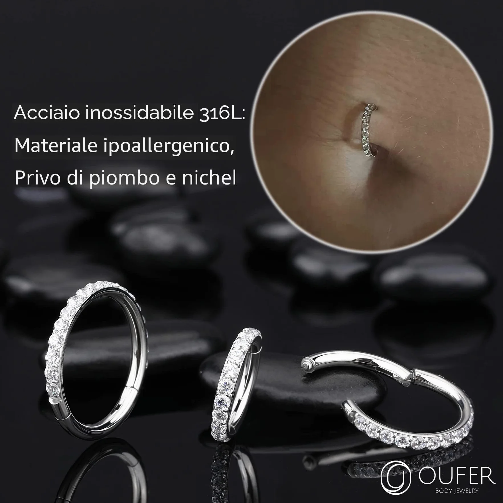 OUFER 14G 8-12mm Oro Piercing Ombelico Cerchio Anello Corto Barra Lungo Ball CZ Palline Argento Barbell Navel Bar Belly Button Rings Gioiello Donna 1.6mm