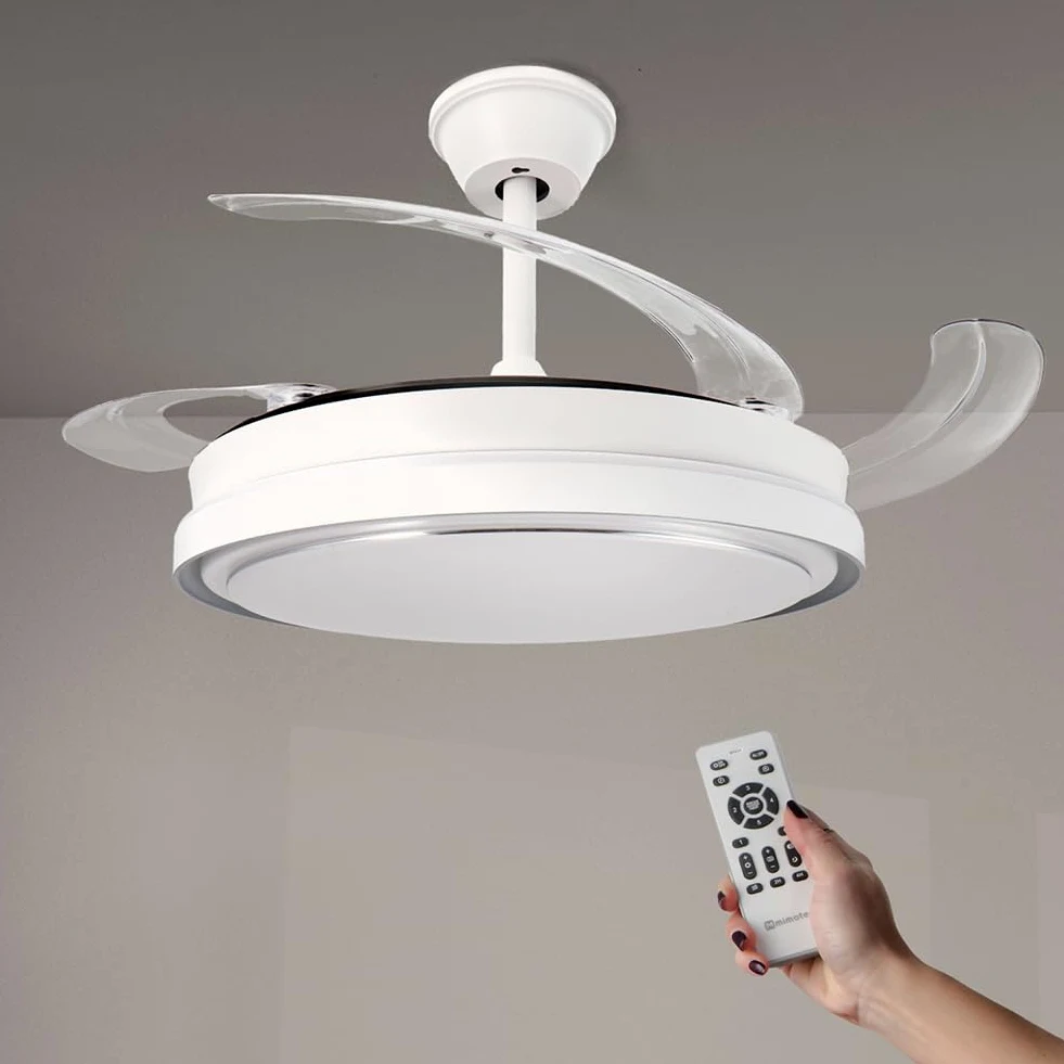 M mimotec -Ventilatore da Soffitto White Hood 70W con Luce LED Regolabile CCT, Motore DC 30W a Basso Consumo + LED 40W, 6 Velocità, Silenzioso, 4 Pale Retrattili, Estate/Inverno, Timer, Telecomando