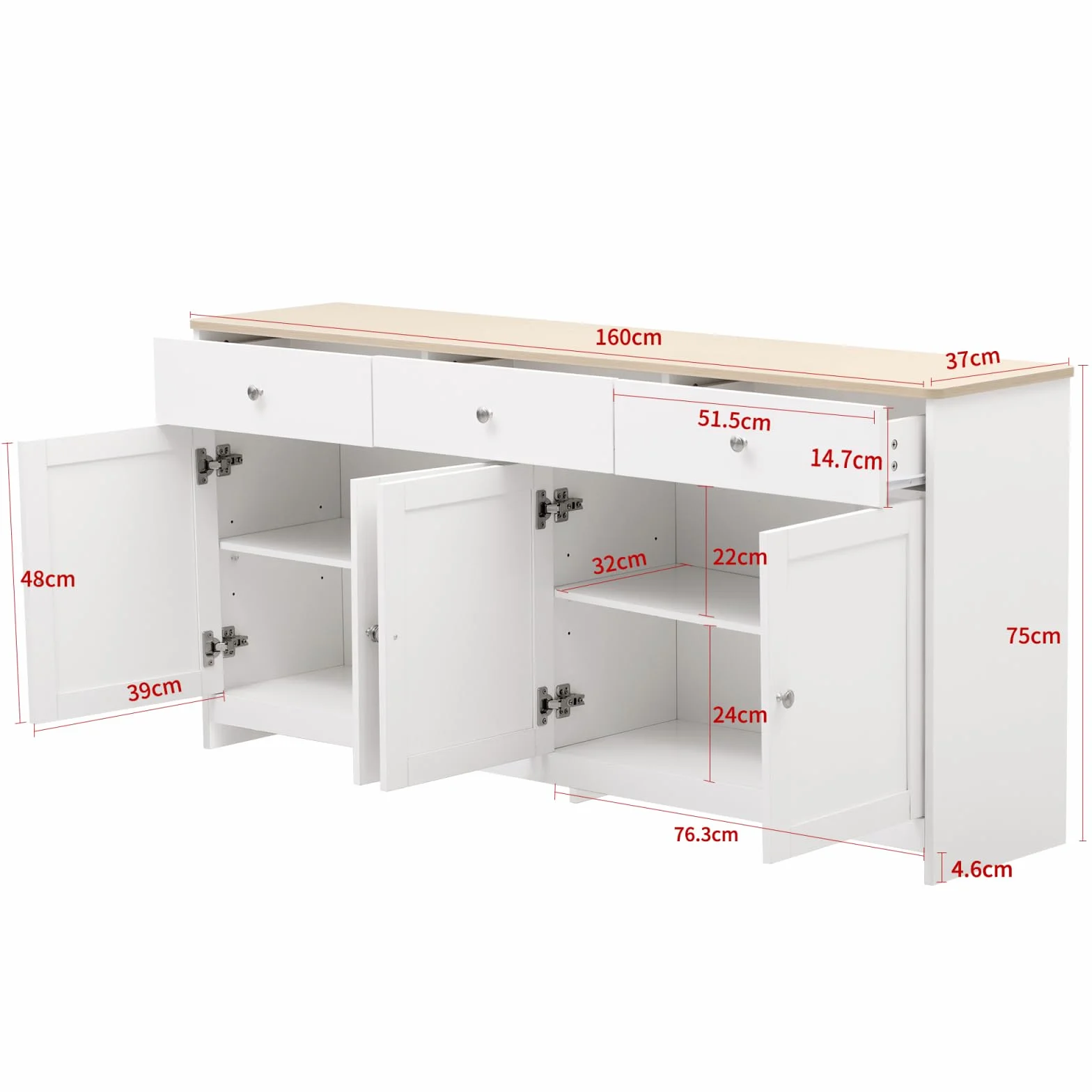 Credenza, cassettiera con 4 ante e 3 cassetti, credenza con ripiani regolabili, armadietto a buffet, per soggiorno, sala da pranzo, cucina, corridoio, natura e bianco (bianco, 160 x 37 x 75)
