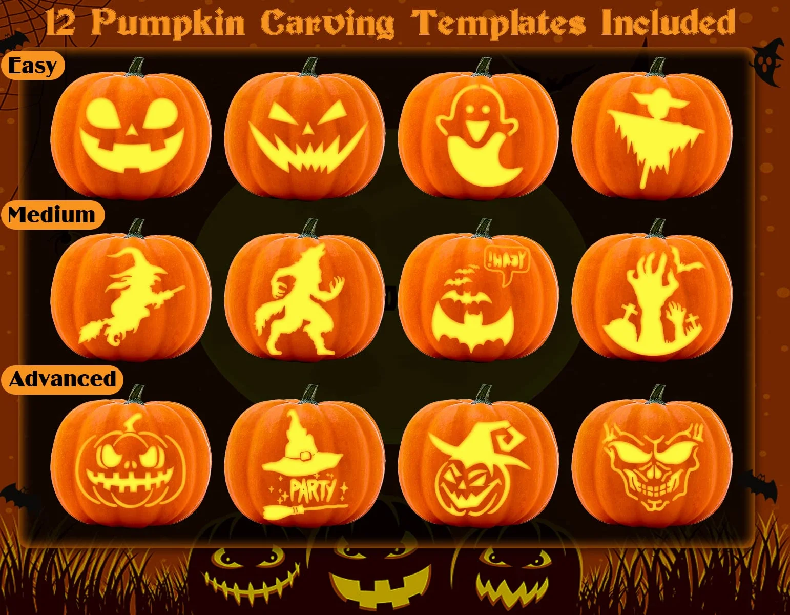 Kit per intagliare la zucca 28 pezzi acciaio inox stencil Halloween