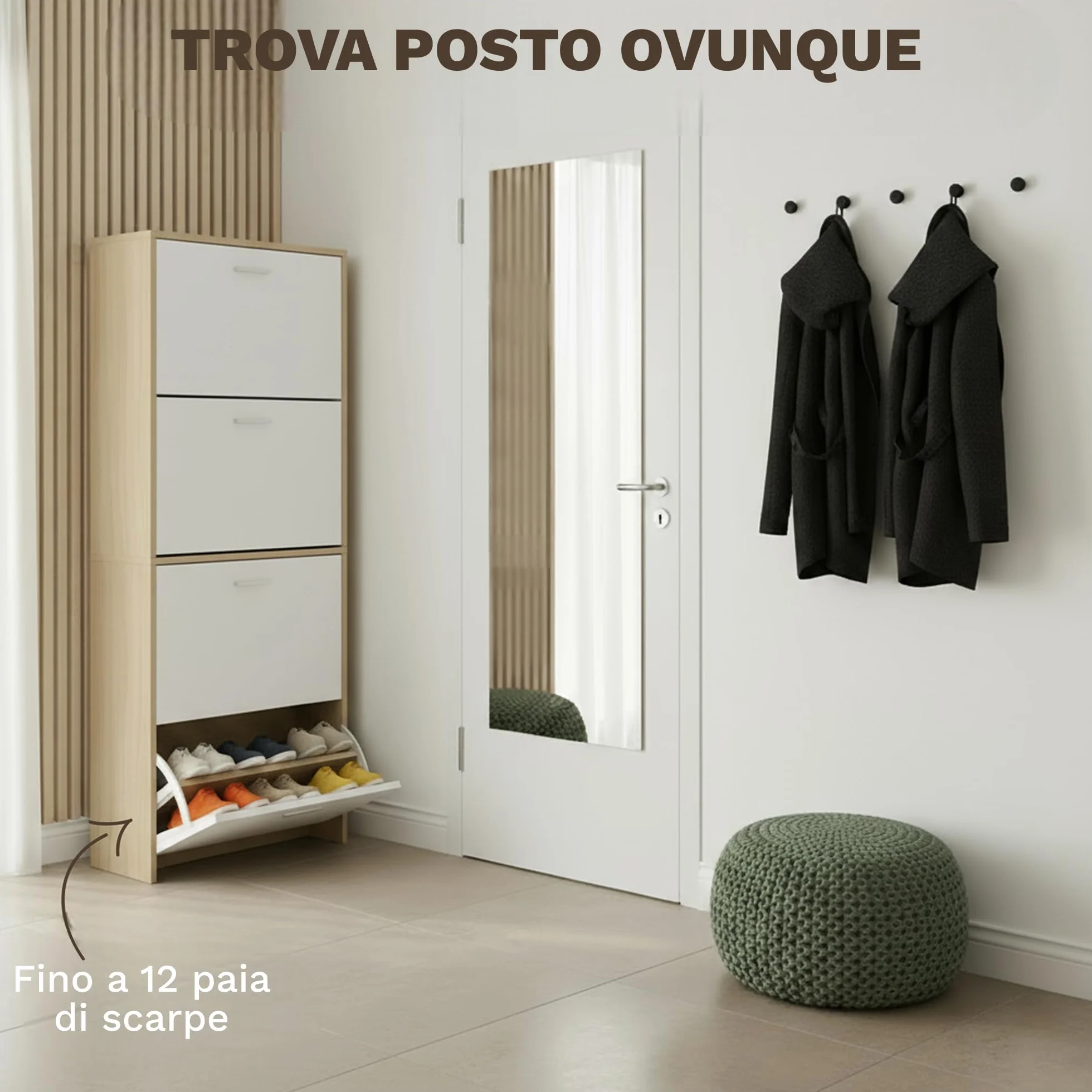Scarpiera salvaspazio slim 60 cm legno bianco 4 ante 24 paia design moderno alto stretto