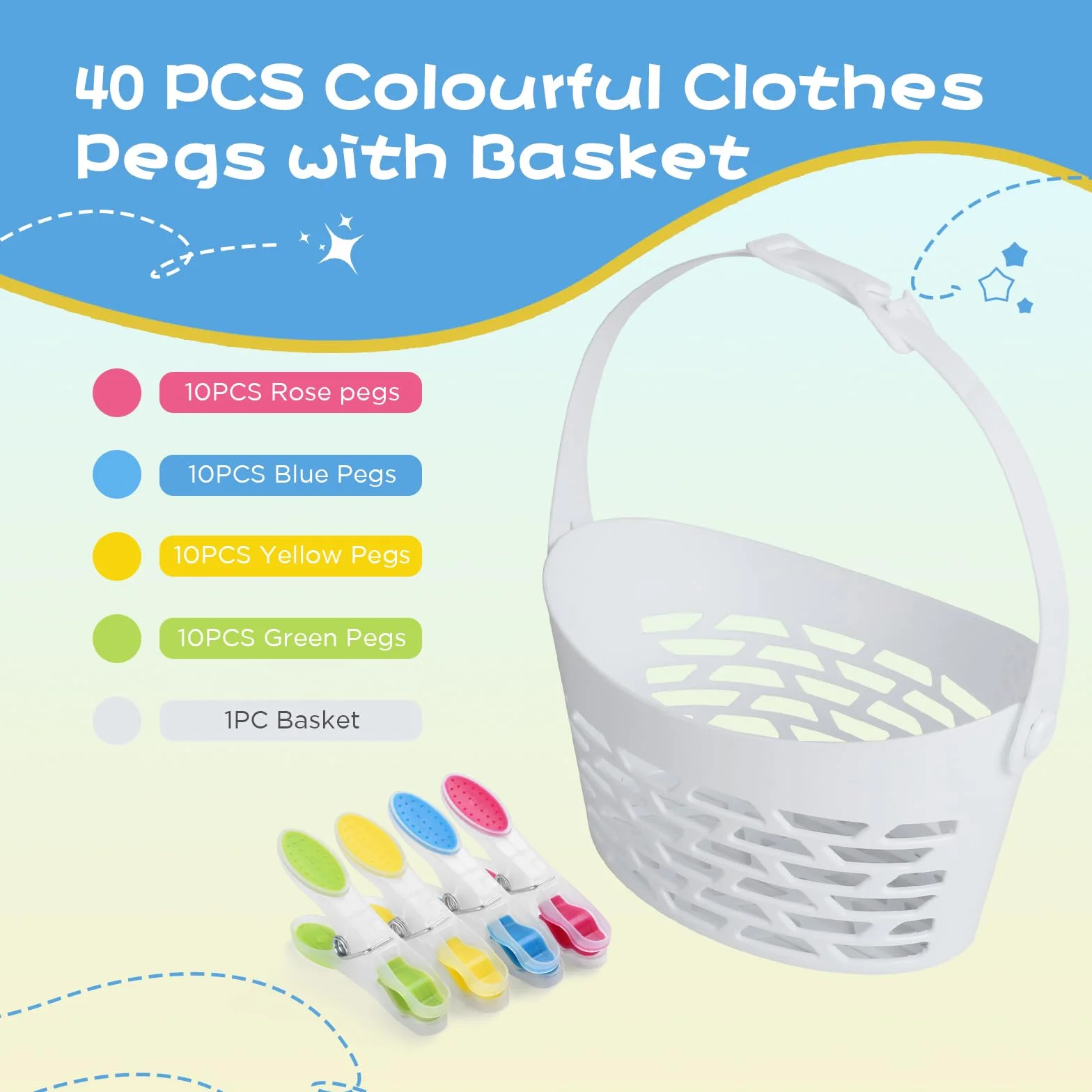AiQInu 40 Pezzi Mollette per Bucato con Cestino, Plastica Clothes Pegs con Silicone Antiscivolo, Molletta Multicolore Non Lascia Segni per Biancheria Intima Pantaloni T Shirts Calze