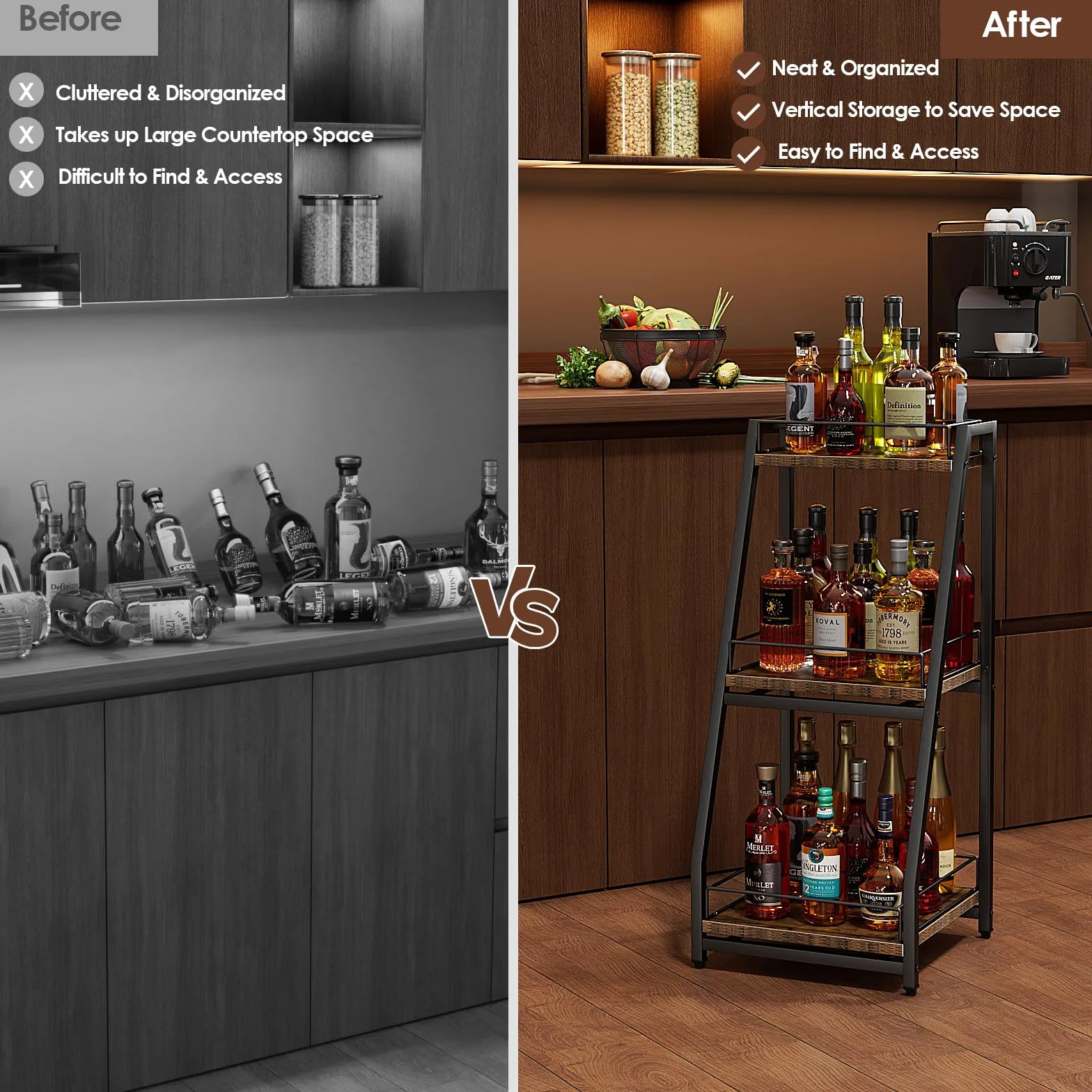 Nuovoware Mobile per Liquori 3 Livelli Mini Bar, Scaffale Vino Terra Whisky, Scaffale Angolare Bottiglie Liquore Recinzione Cassetto Scorrimento per Casa, Cucina, il soggiorno Sala da Pranzo, Nero