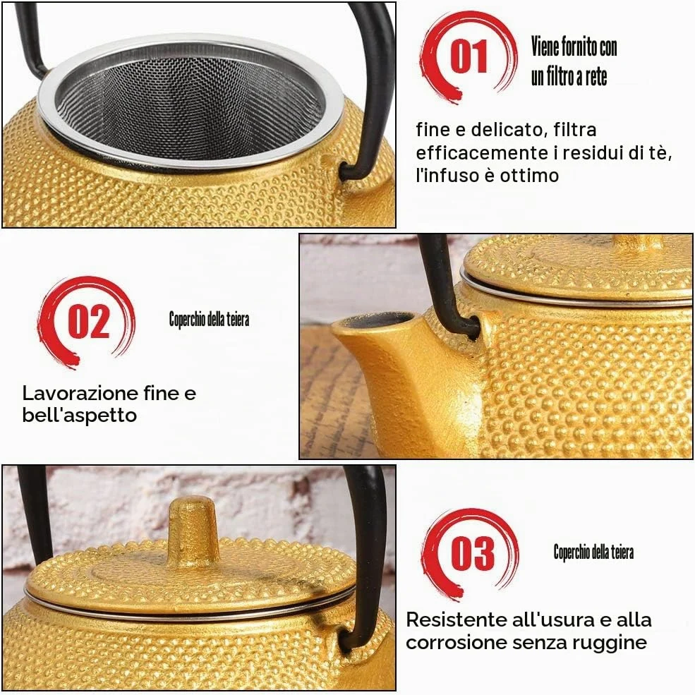 Teiera in Ghisa Giapponese, Teapot in Ferro Tradizionale con Resistente al Calore, Infusore e Becco e Manico Bollitore da Tè per Regalo Matcha Cerimonia Sicuro sulla Stufa