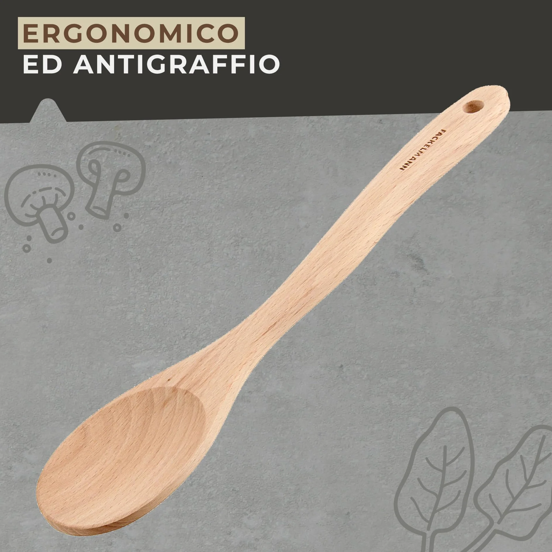 Fackelmann Cucchiaio da cucina in legno di faggio 30 cm per pentole antiaderenti