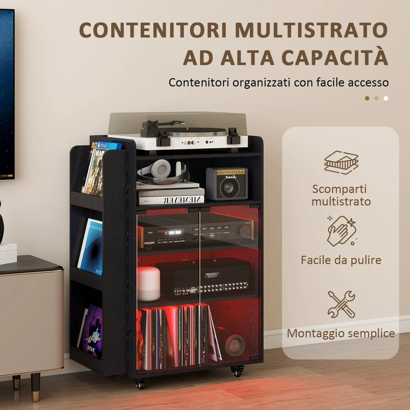YU YUSING Vetrina Espositiva con LED per Vinili e CD, Mobile Espositivo con Porta Vinili a 5 Ripiani, Mobile Giradischi Porta CD, Presa di Corrente Integrata e Ruote, Giradischi, lettore DVD, Nero