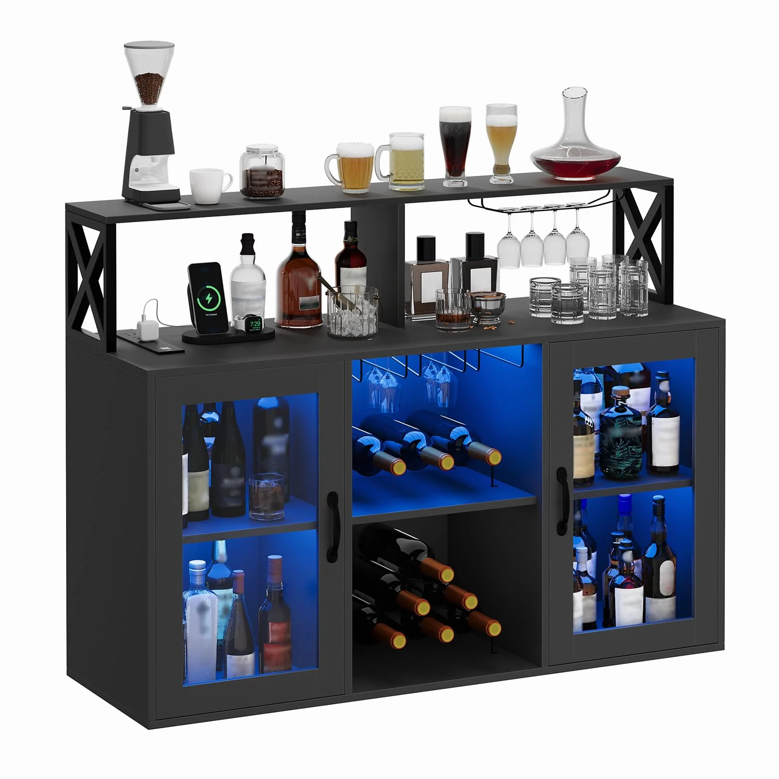 Garvee Mobile Bar Industriale 2-in-1 con Luci LED e Prese, Buffet con Portabottiglie, Portabicchieri, Ripiani Aperti, per Cucina, Sala da Pranzo, Soggiorno, Nero