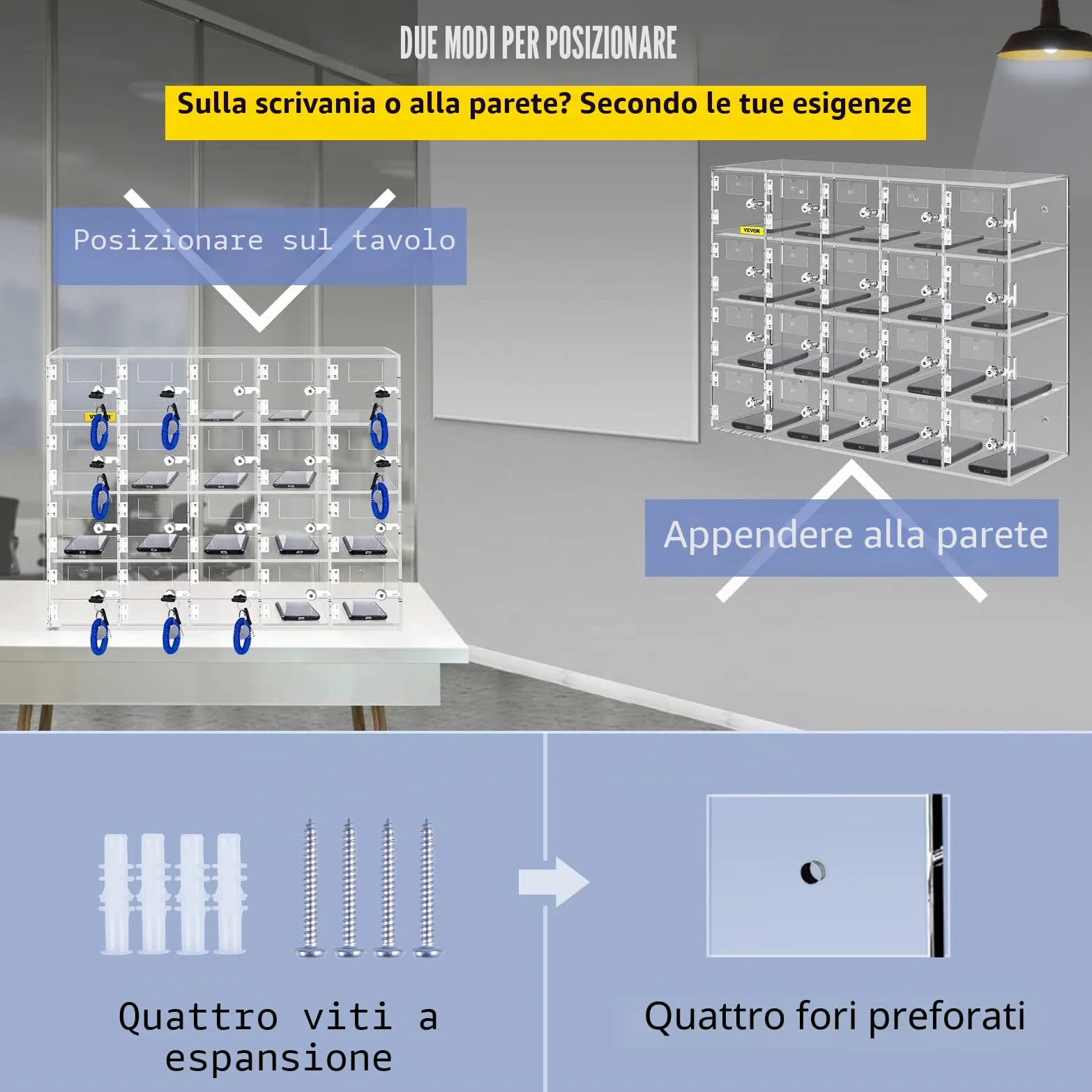 VEVOR Armadietto per Cellulare con 20 Scompartimenti Materiale Acrilico con Serrature e Chiavi, Armadietto da Parete per Ufficio Aula Palestra, Cassetta Deposito Oggetti, Acrilico Trasparente