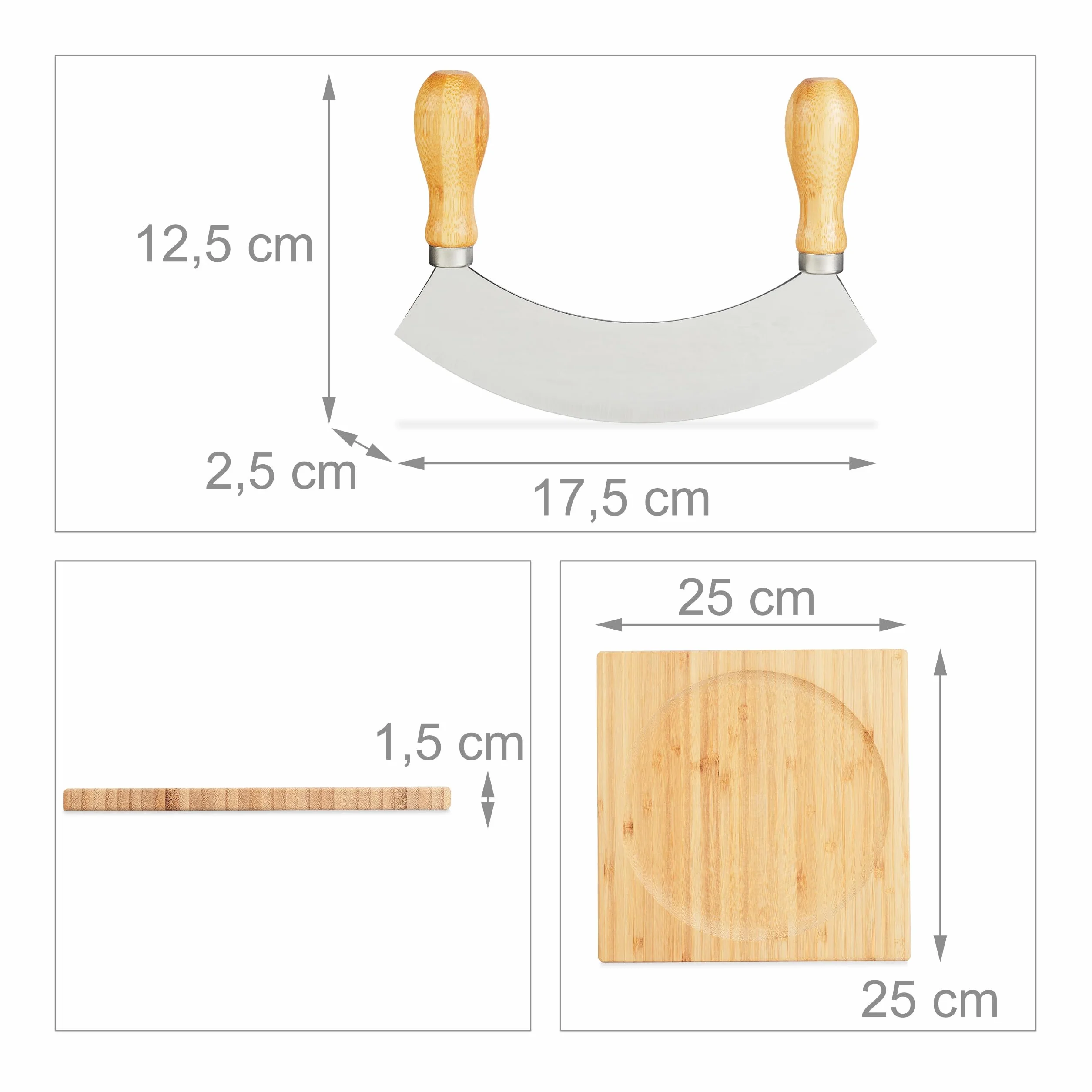 Relaxdays Mezzaluna con Tagliere 25 x 25 cm, Coltello a Monolama Trita Erbe, Acciaio Inox e bambù, Naturale Argentato