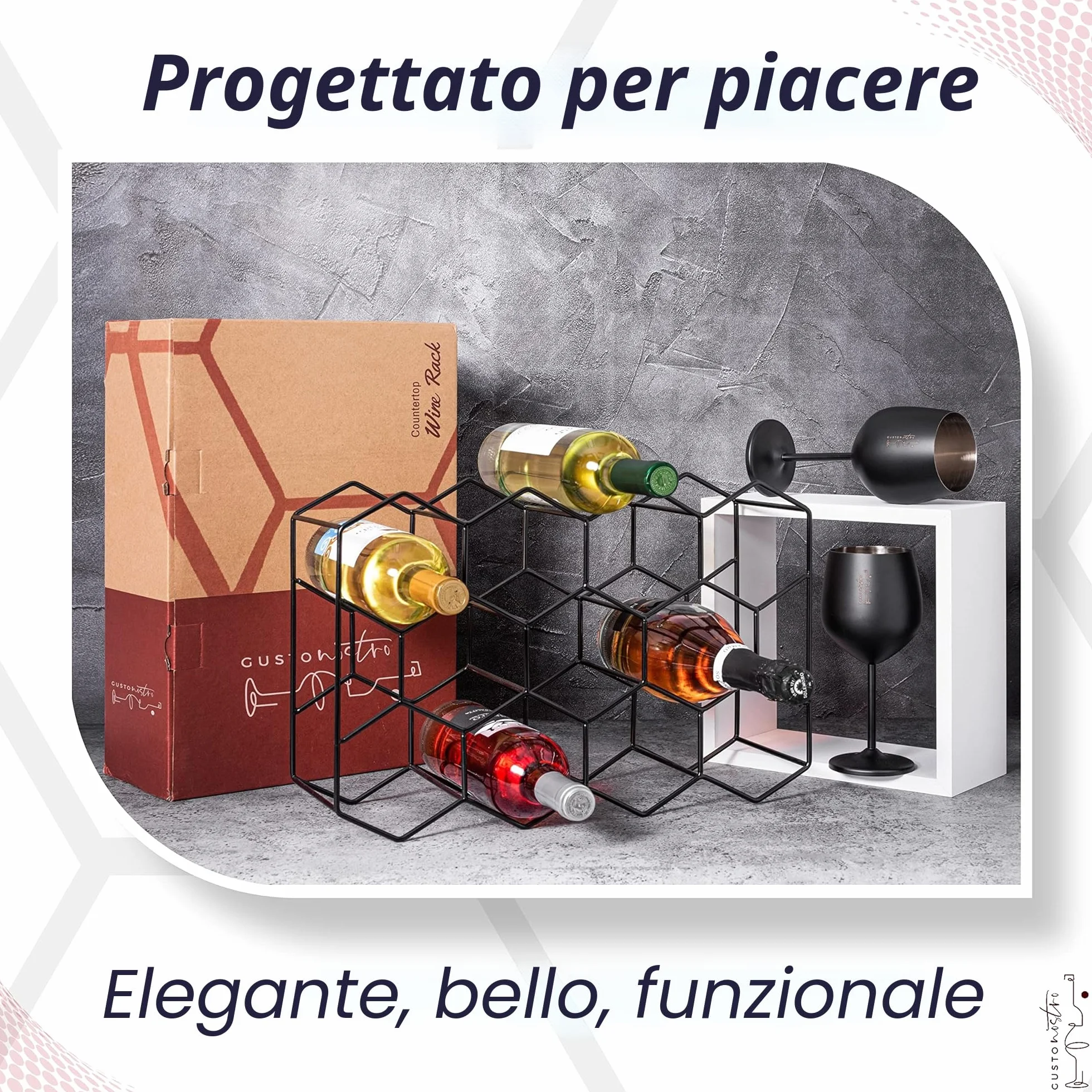 Gusto Nostro Portabottiglie da Tavolo Metallico Nero 14 Bottiglie 3 Ripiani Porta Vini Freestanding