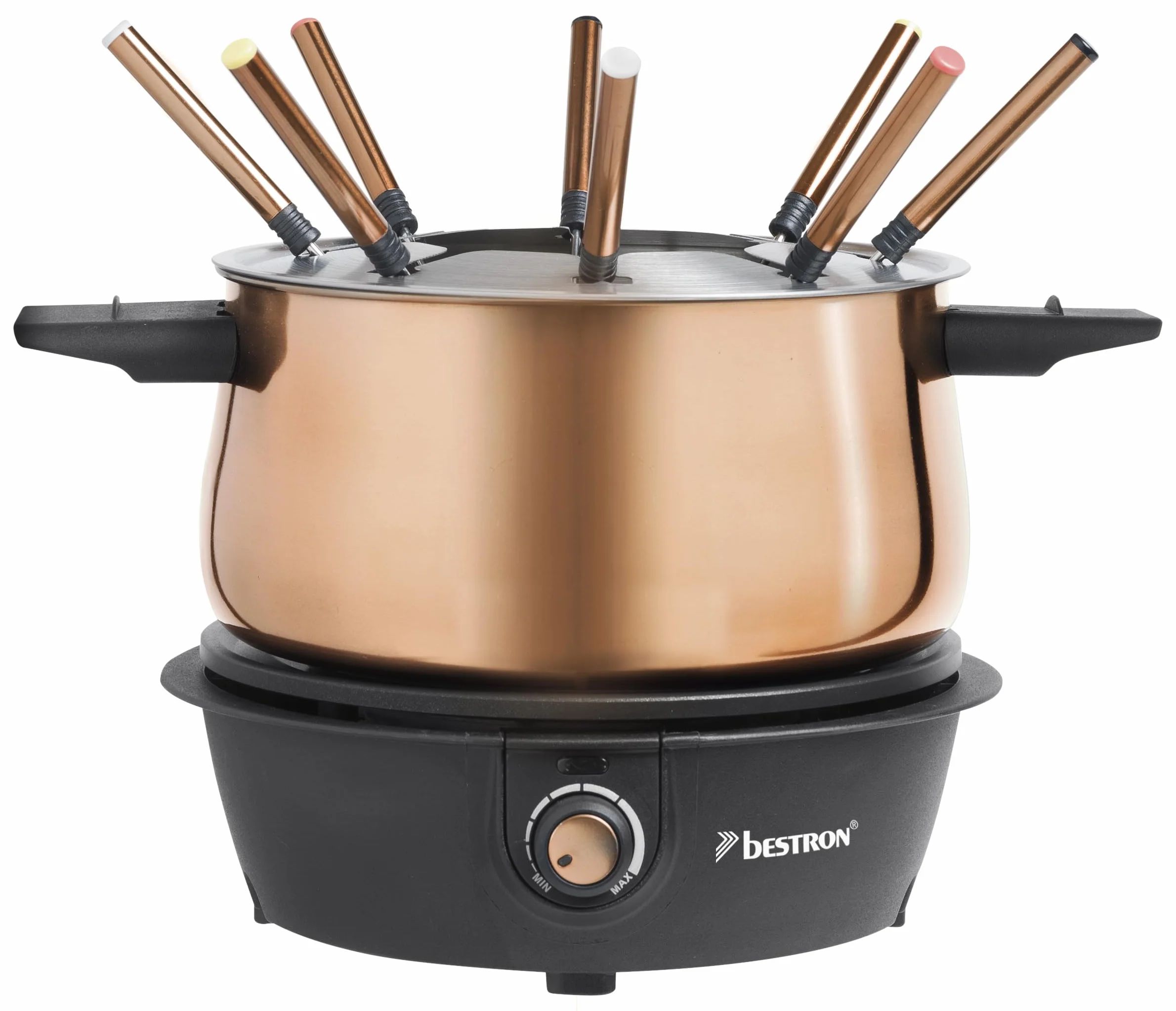 Bestron Set per fonduta elettrico, macchina per fonduta 8 persone, 8 forchette, termostato continuo, rame