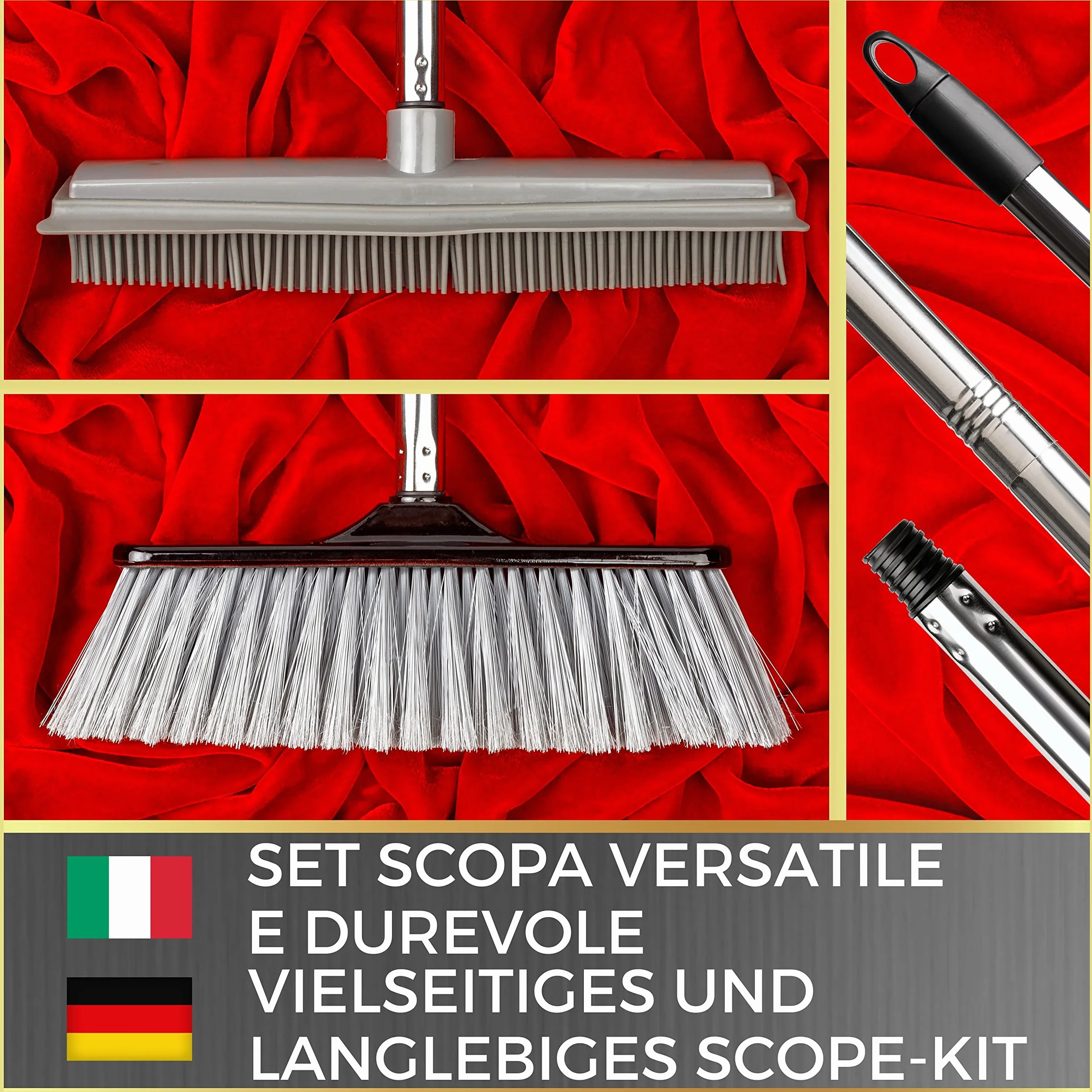 Kit Scopa in Silicone per Pavimenti con 2 Manici e 2 Appendi Scope