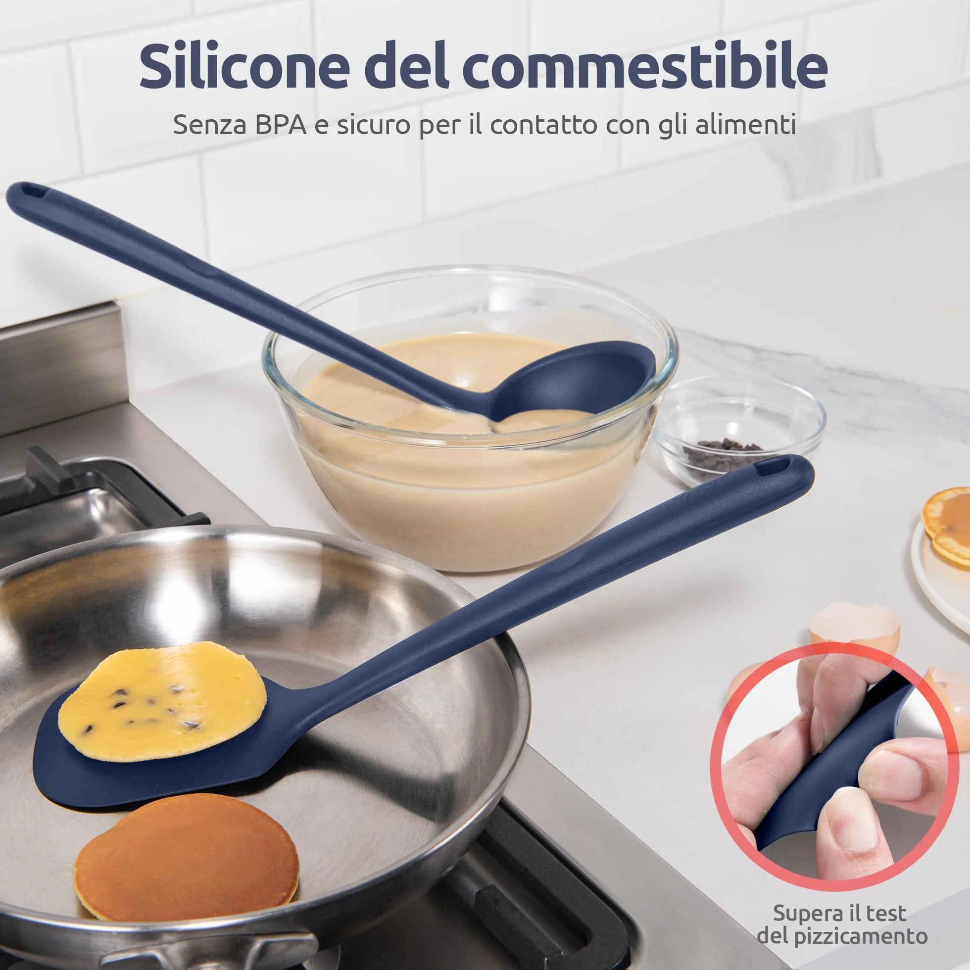 U-Taste Utensili da cucina in silicone extra lunghi 315℃, Spatole, cucchiai e mestolo antiaderente (5 Pz, Blu notte)