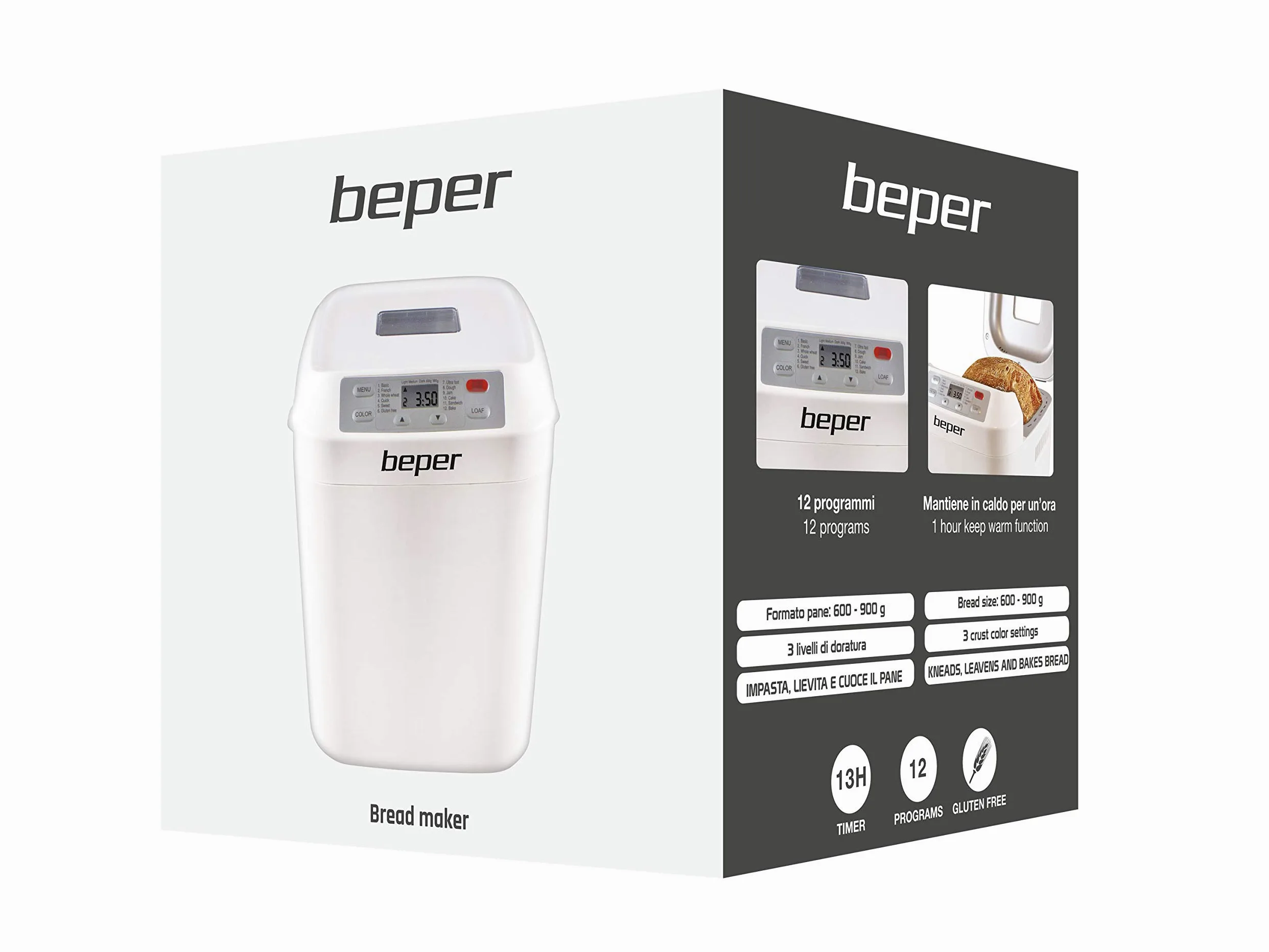 BEPER BC.130 Macchina per Il Pane Gluten Free, 550 W, 1 Kilogram, Recipiente Antiaderente, Bianca