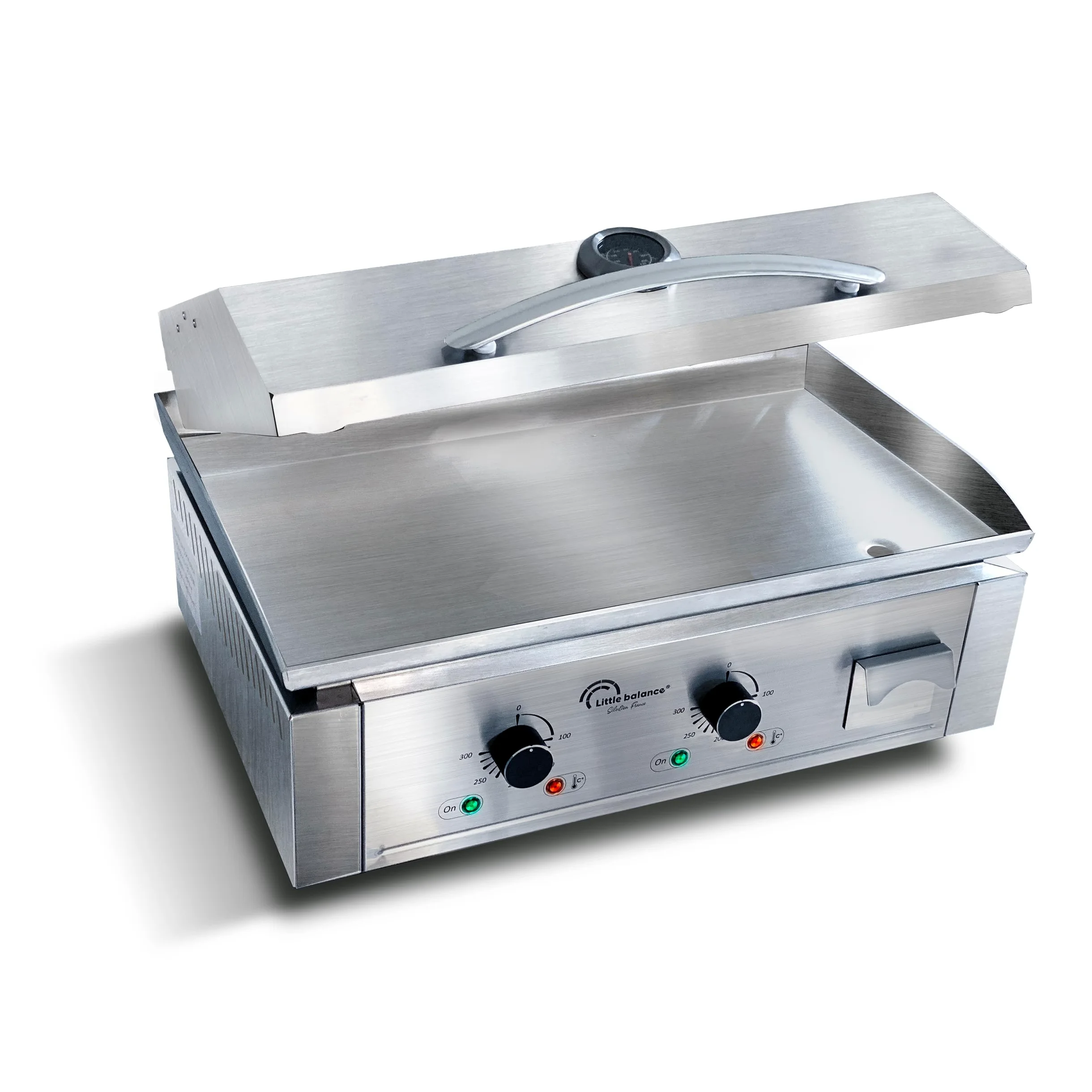 LITTLE BALANCE 8473 Aquitania Pro Plus, Piastra elettrica professionale, 2 zone di cottura, coperchio, 3500 W, Fabbricazione francese, Tutto Inox