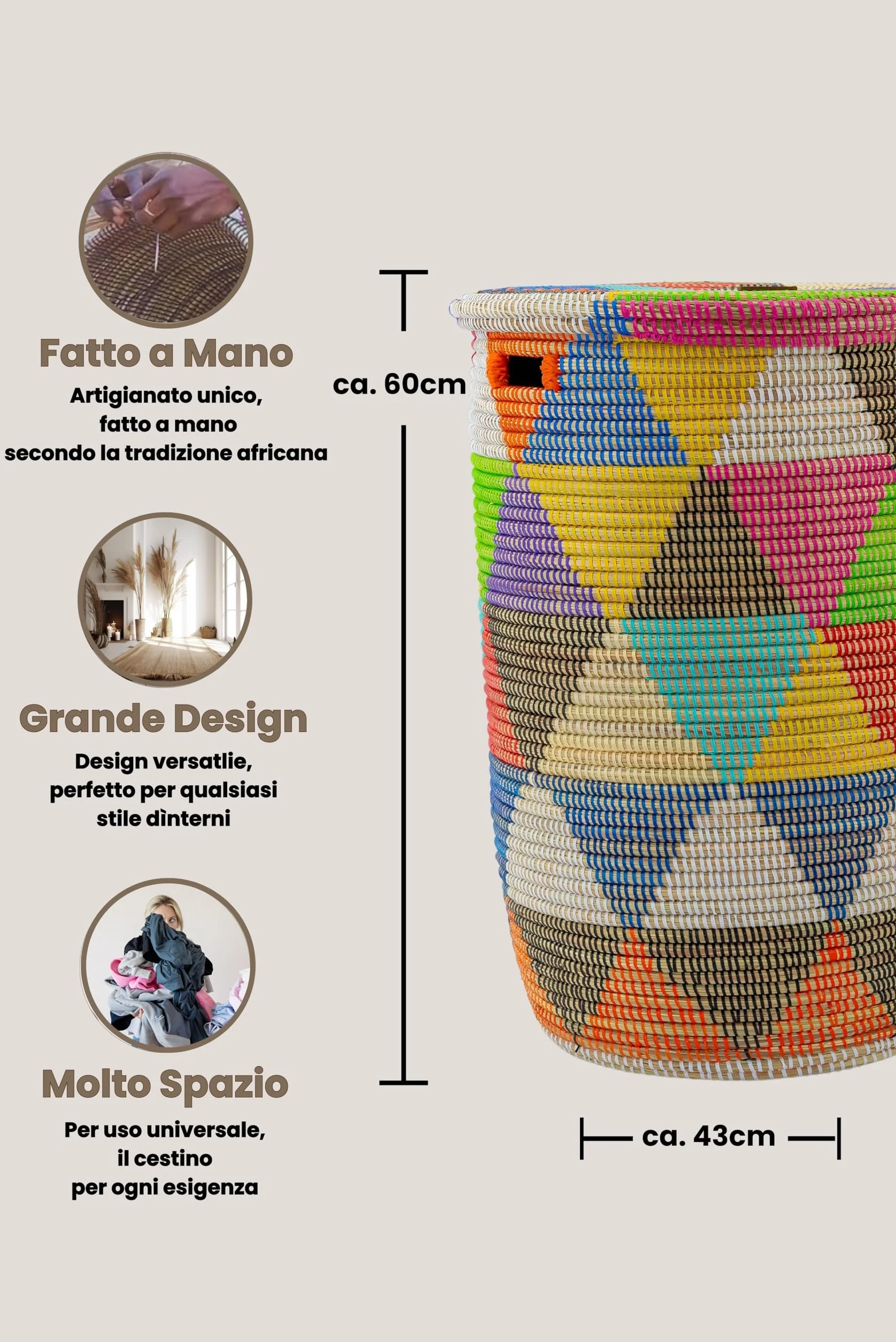 YAADU Cesto per biancheria con coperchio 80L - Raccoglitore per biancheria XXL, cesto con coperchio grande, scatole per biancheria, cesto africano, Modello Khaliss (Triangoli-Colorati-Piatti)