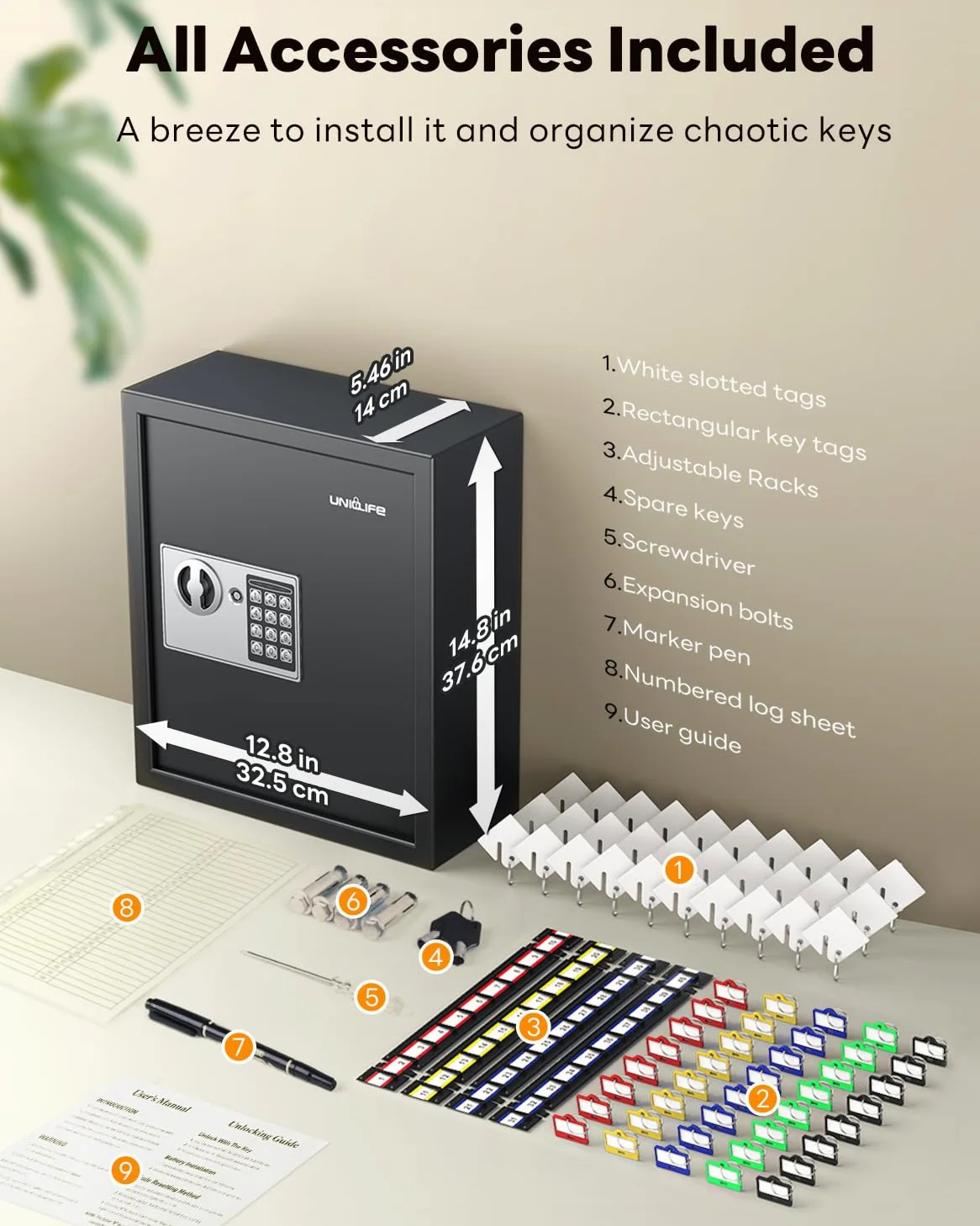 Uniclife Armadietto portachiavi a 70 posizioni con combinazione e serratura a chiave, montaggio a parete, per chiavi di sicurezza, organizer per chiavi digitale nero con tastiera, ripiani regolabili