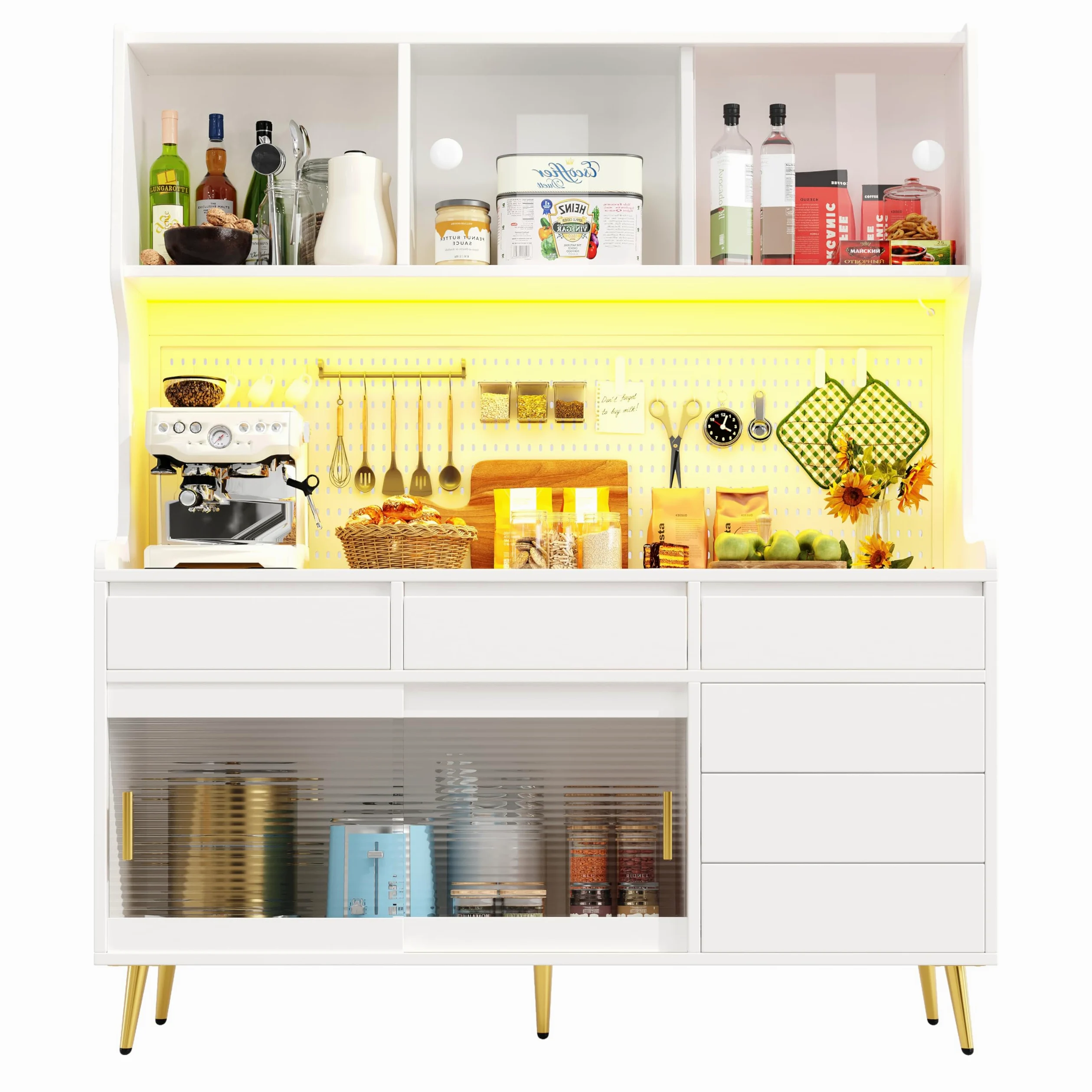Mobile alto moderno, 145 x 39 x 171 cm, bianco, con armadio da cucina o armadio da sala da pranzo con cassetto, credenza con ripiano con parete forata