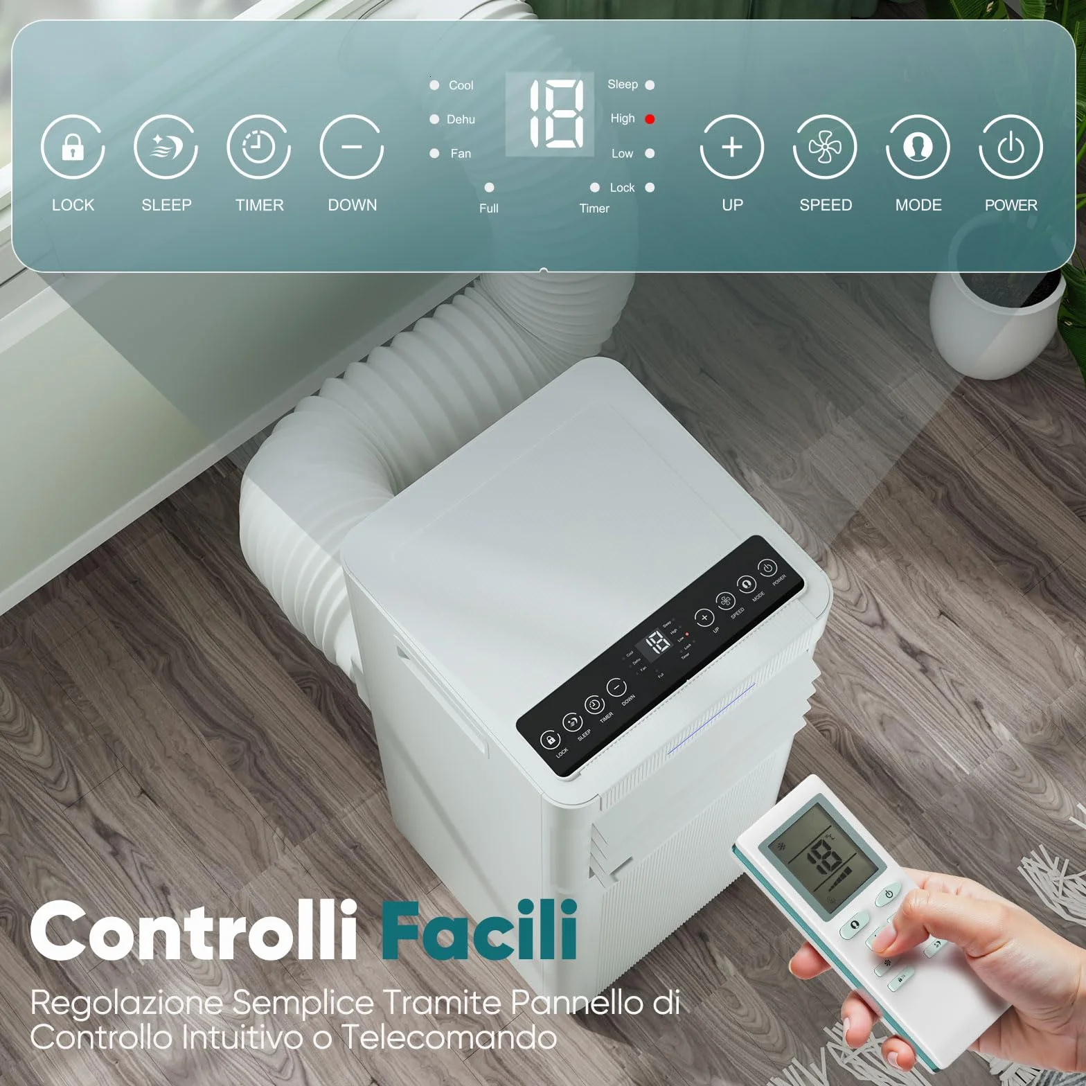 Condizionatore Portatile 9000 BTU con Deumidificatore 4 in 1, Ventilatore di Raffreddamento a 2 Velocità, Display Digitale e Telecomando, Kit Finestra, Timer 24 Ore Per Stanze Fino a 25 m²/78m³