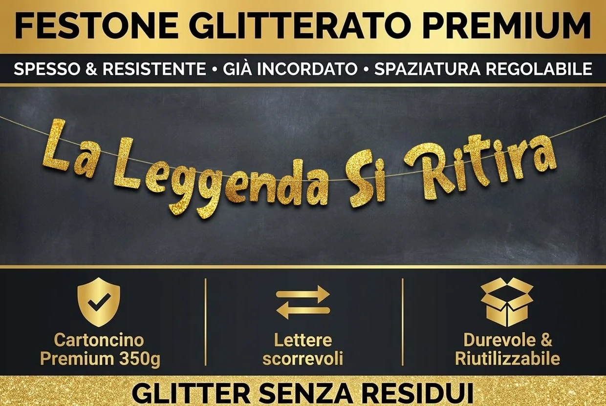 Striscione Pensionamento "La Leggenda Si Ritira" Oro Glitterato – Gadget Pensione, Decorazioni Divertenti & Regali