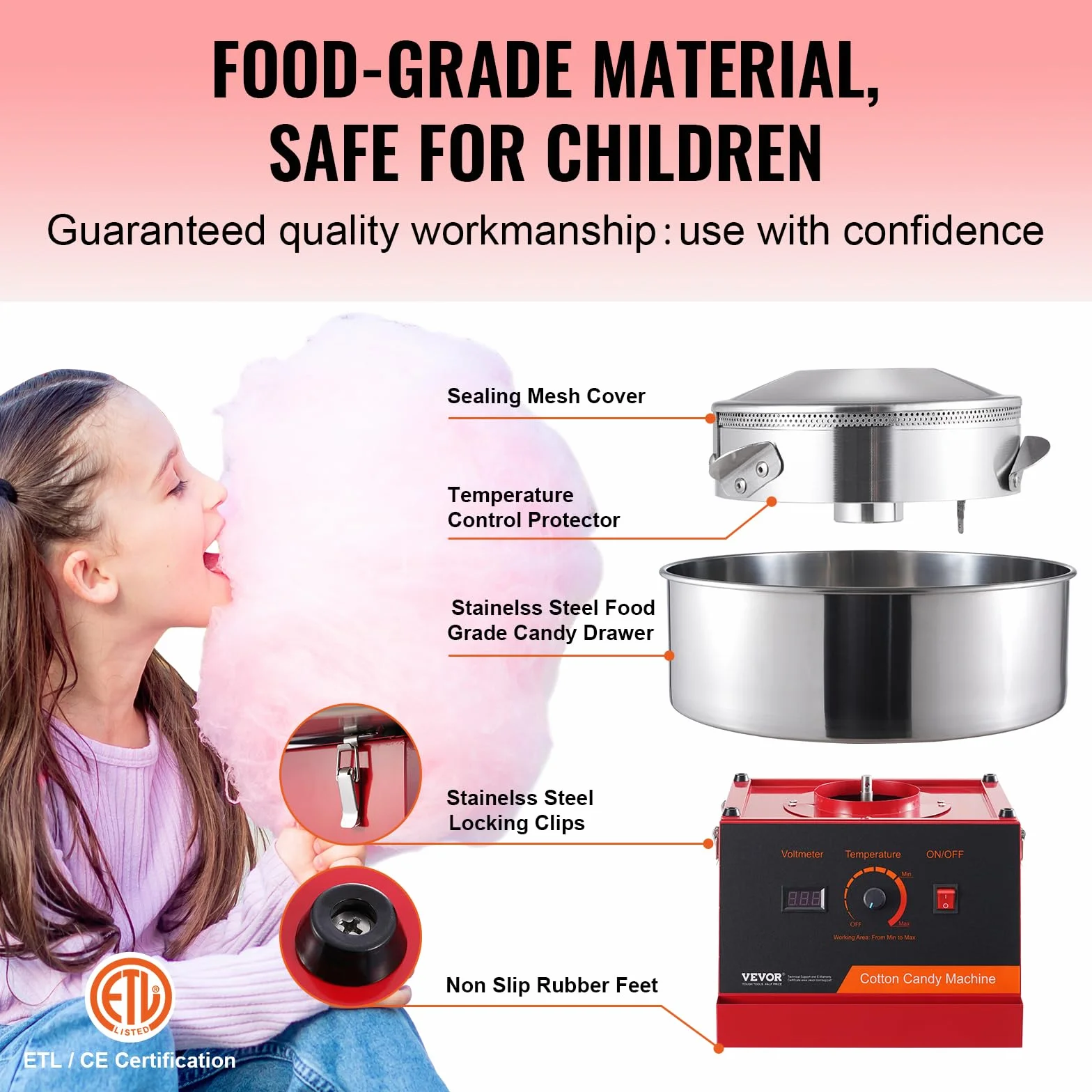 VEVOR Macchina Zucchero Filato Elettrica 1000 W Macchina Zucchero Filato Commerciale, con Ciotola in Acciaio Inossidabile, Paletta per Zucchero, Perfetta per Compleanno Bambini, Feste Famiglia, Rossa