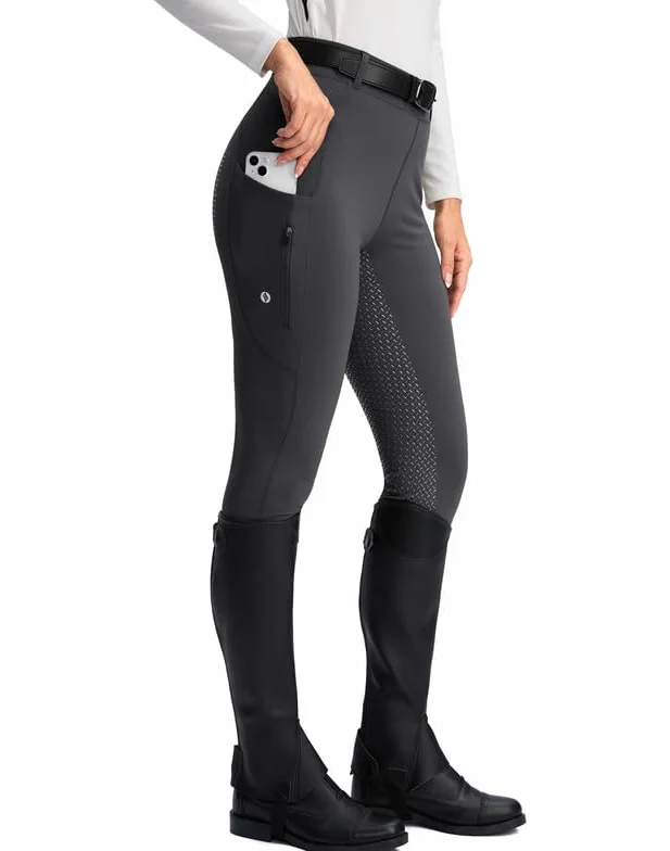 SANTINY Pantaloni da equitazione da donna con seduta intera in silicone tasche con cerniera